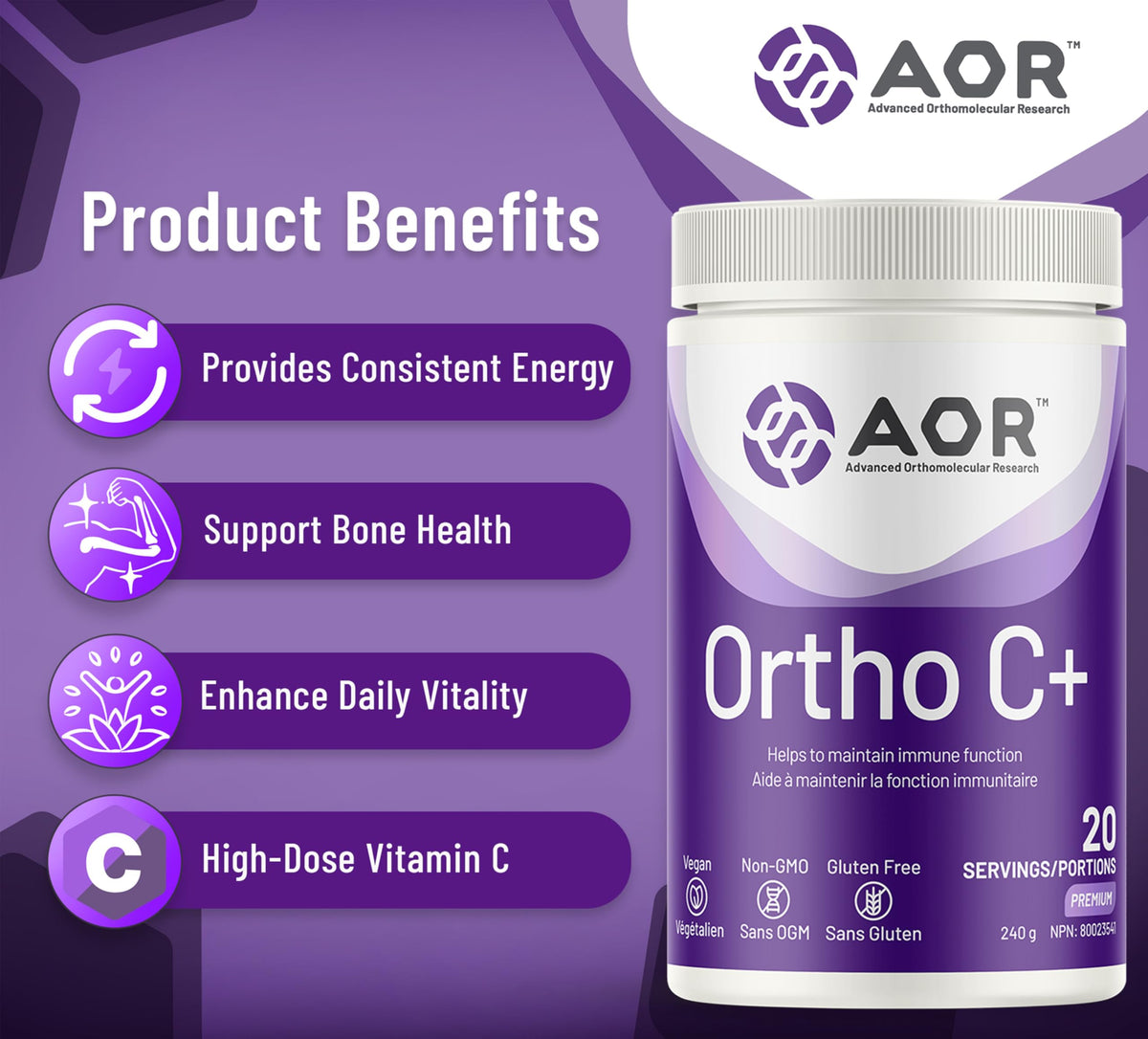 AOR Ortho C+ Powder, 3g Vitamin C, Electrolyte Powder, 240g, Lemon Flavour