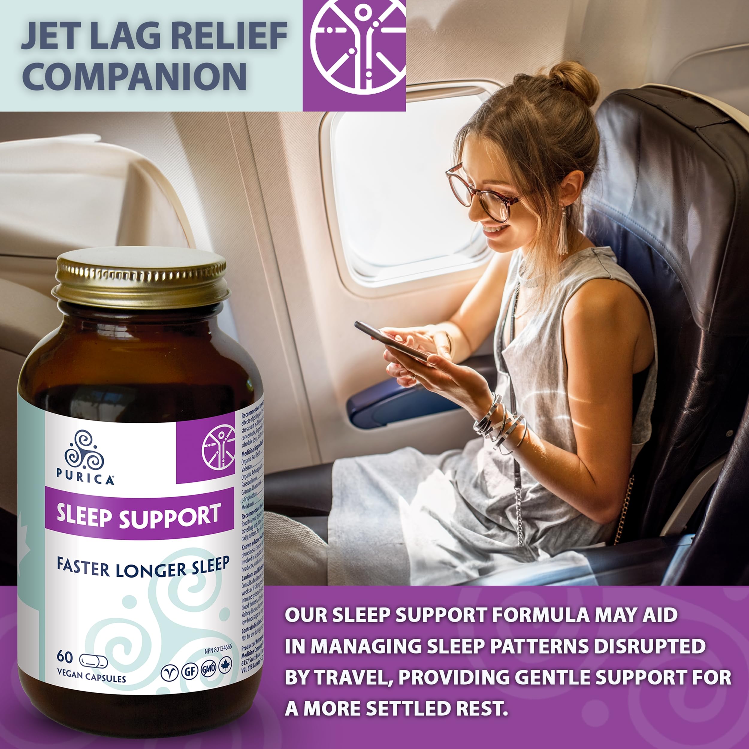 PURICA Sommeil Paisible, Aide à Favoriser des Nuits Reposantes et un Voyage Facile, Contient des Champignons Reishi Rouges, de l'Ashwagandha Biologique et de la Mélatonine, Formule Sans Gluten et Sans OGM