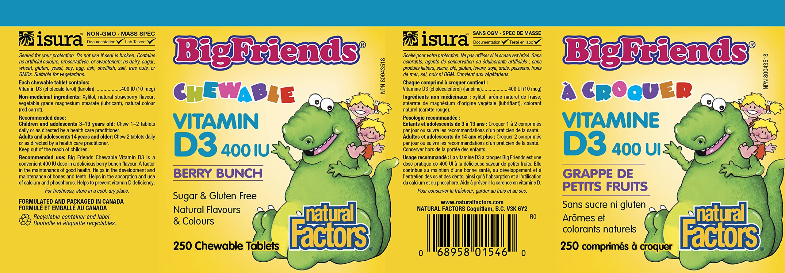 Natural Factors Big Friends KIDS Vitamin D3 400 IU, 250 Chewable Tablets, Berry Bunch, Allergen-Free, Sugar Free, Supports Healthy Immune System & Bone Health, Proudly Canadian