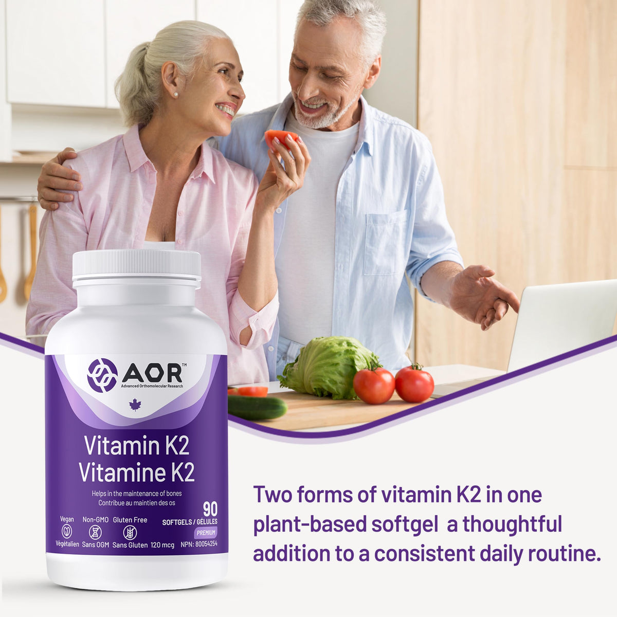 AOR Vitamin K2 MK-4 & MK-7 120mcg, 90 Vegan Softgels for Bone Maintenance