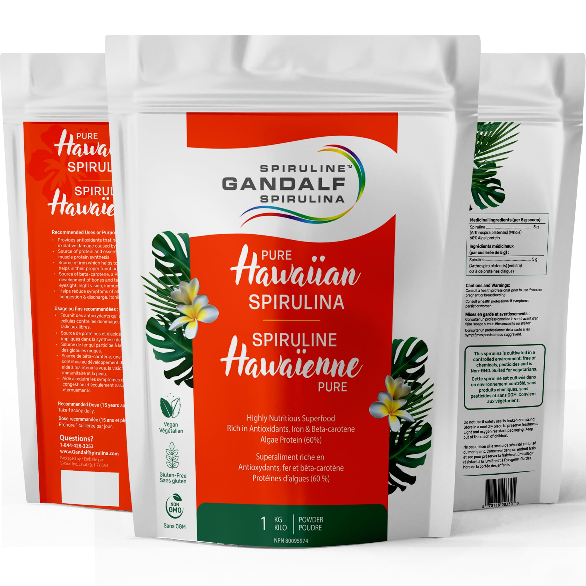 Gandalf Spiruline Hawaïenne Pure 1Kg, 200 portions, Algue Bleue-Verte, Riche en Fer, Bêta-Carotène et Nutriments pour Smoothies et Jus, Soutient l'Énergie et la Vitalité