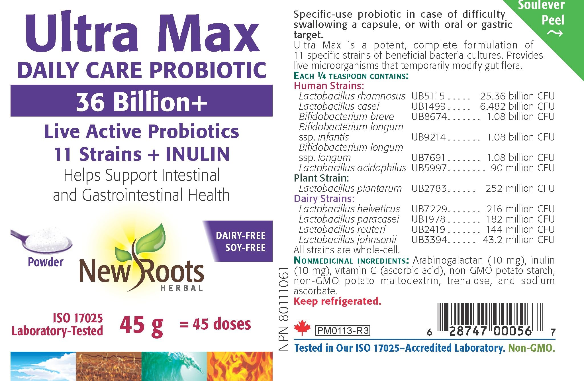 New Roots Herbal Ultra Max Daily Care Probiotic Powder 45g 45-Servings - 36 Billion+ Active Cultures & 11 Beneficial Strains with Inulin, Digestive Support Supplement for Men & Women, Non-GMO Formula