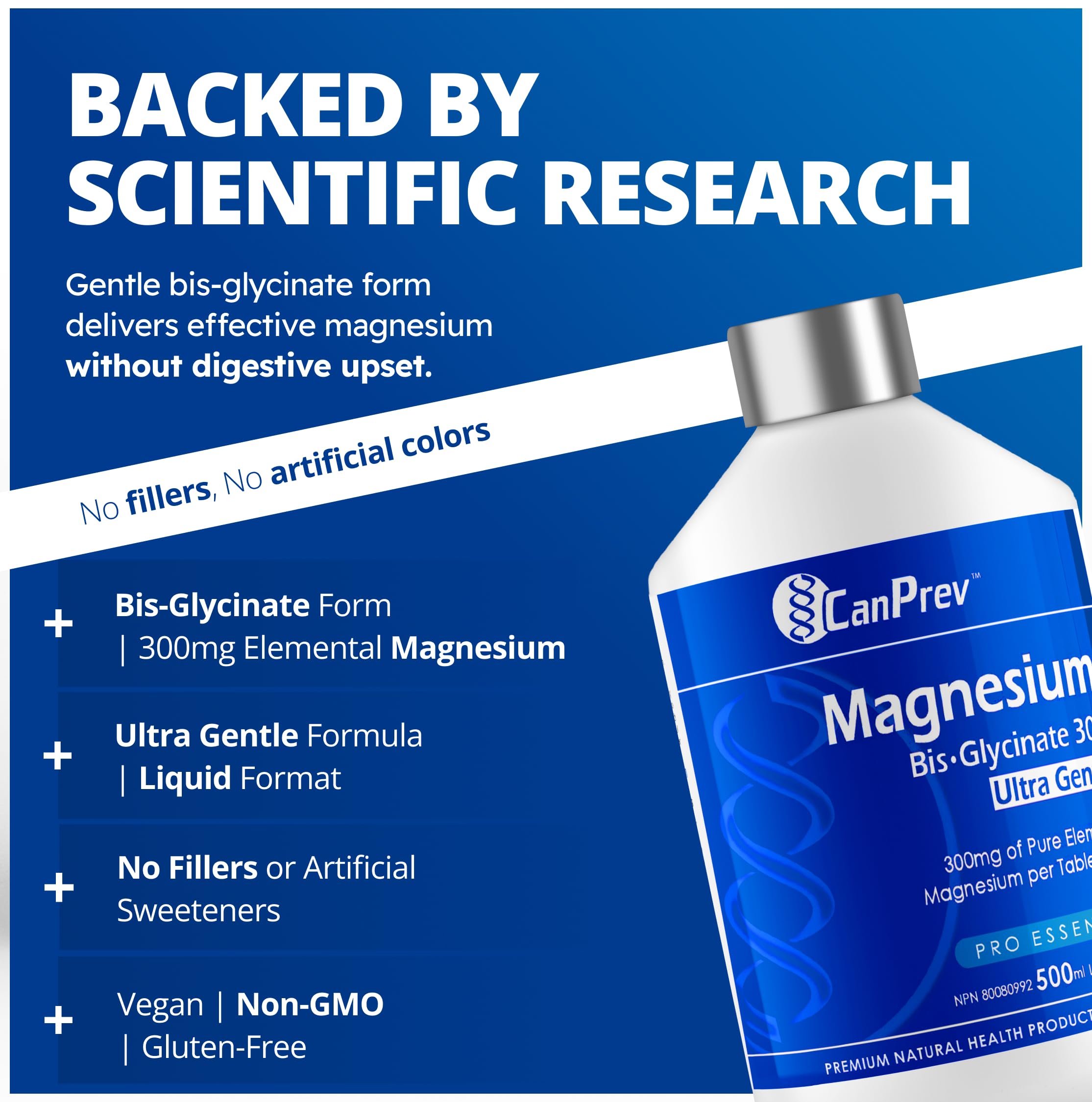 CanPrev Bisglycinate de Magnésium Liquide 300 Ultra Doux, 500ml, approvisionnement de 33 jours - Glycinate de Magnésium à haute absorption - Facile à digérer et pour les estomacs sensibles - Soutien énergétique et fonction musculaire