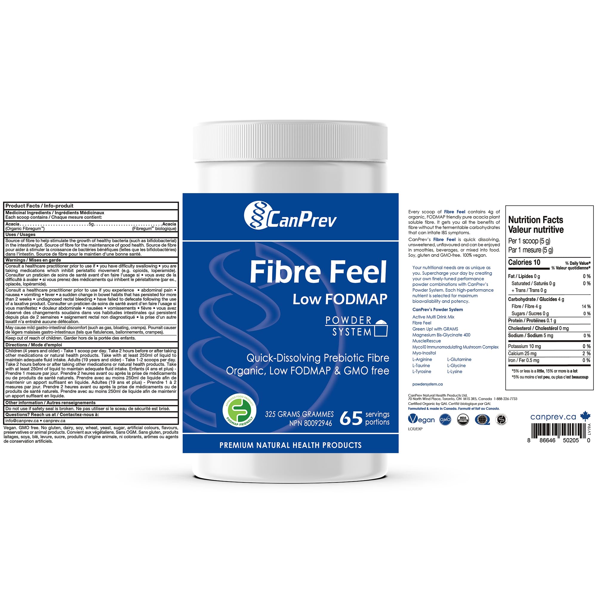 CanPrev Poudre de fibres organiques 325g, 65 portions, Sans saveur et facile à mélanger, Favorise le bien-être digestif et la régularité, Dissolution rapide et douce, Ingrédients naturels, Parfait pour les smoothies et les shakes