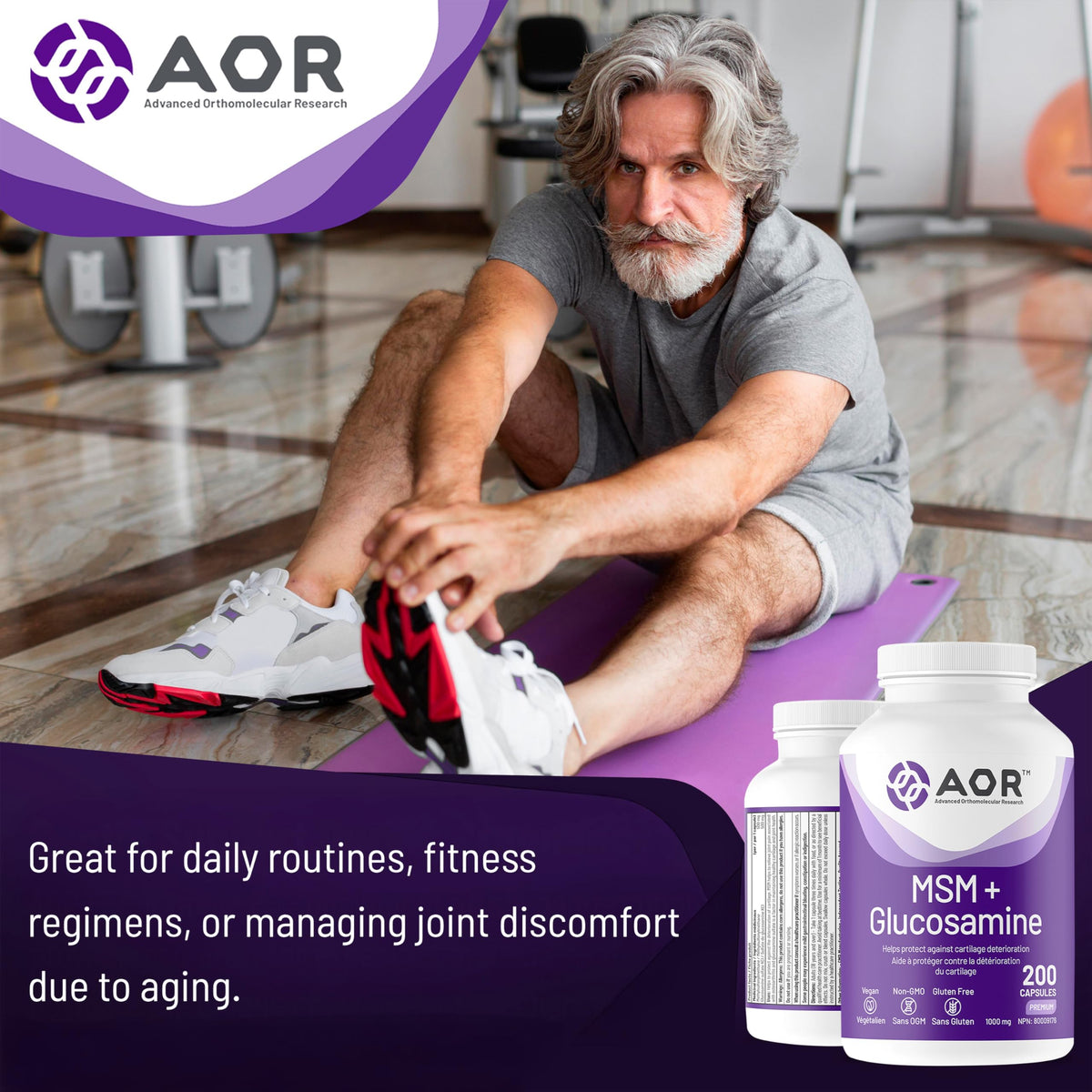 AOR MSM Glucosamine Capsules, 500 mg, Gluten Free, 200 Caps, 66 Day Supply