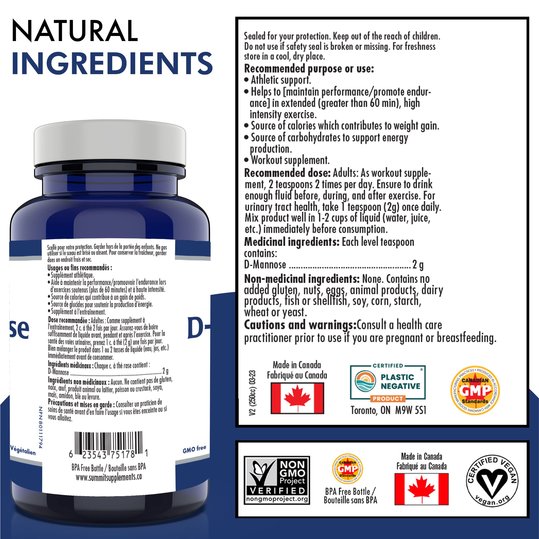 Poudre de D-Mannose pour les infections urinaires (santé des voies urinaires), fièrement canadienne et à impact plastique négatif.