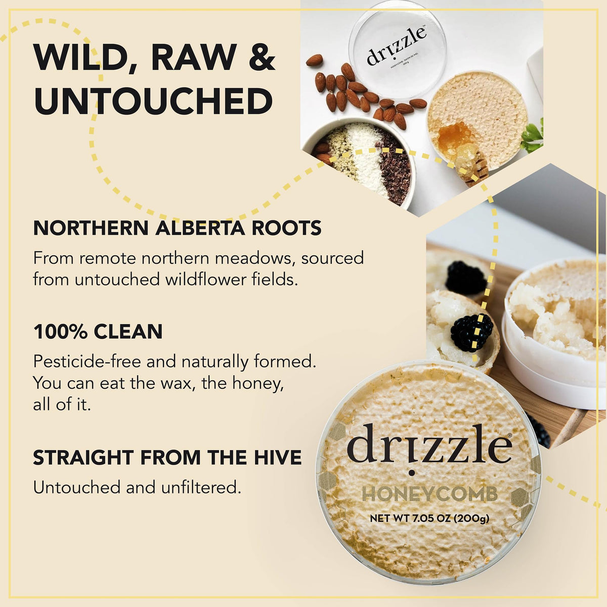 Drizzle Raw Honeycomb, 100% Edible Comb Honey for Cheese Boards, 200 g/7 oz