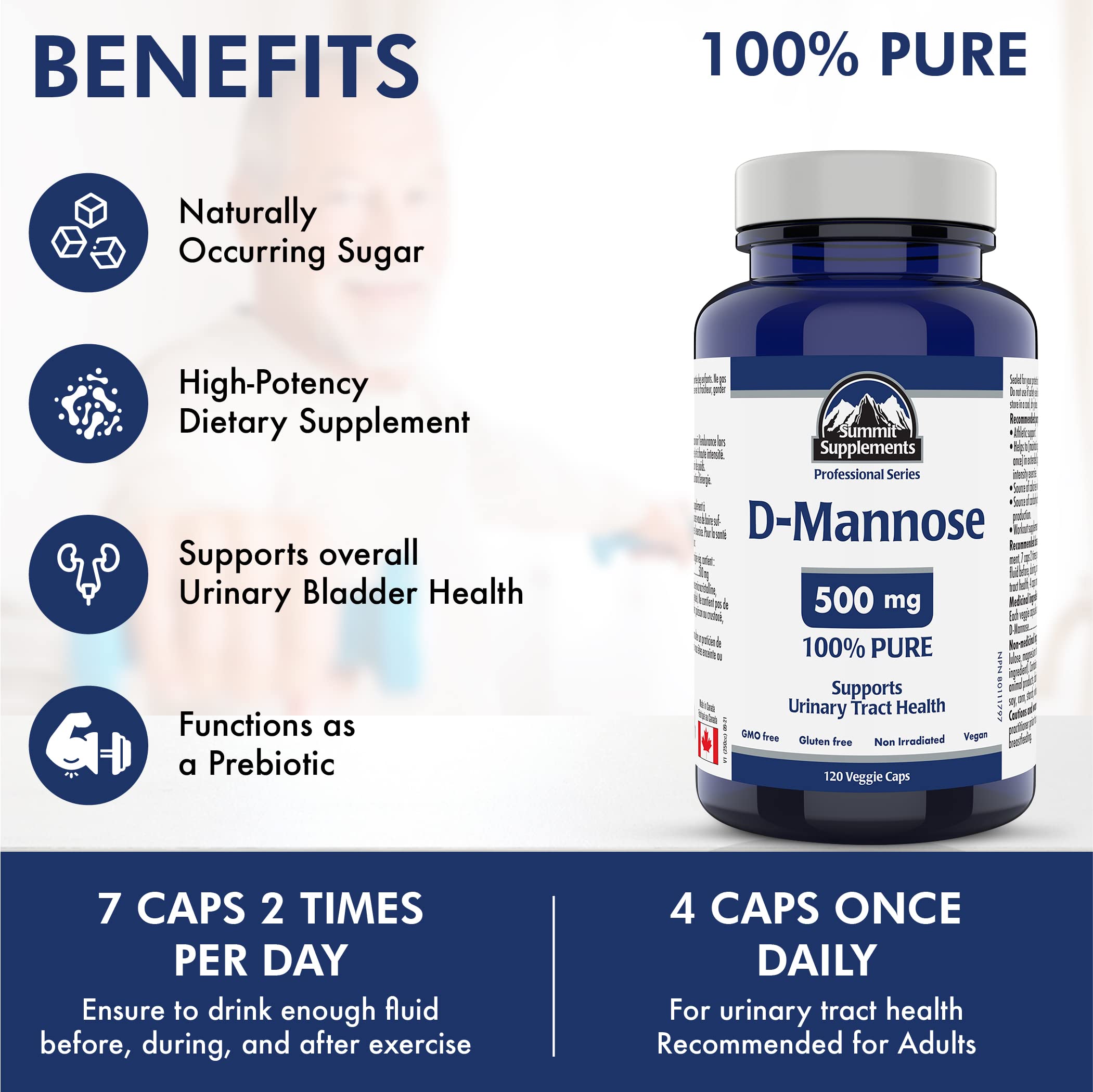 Poudre de D-Mannose pour les infections urinaires (santé des voies urinaires), fièrement canadienne et à impact plastique négatif.