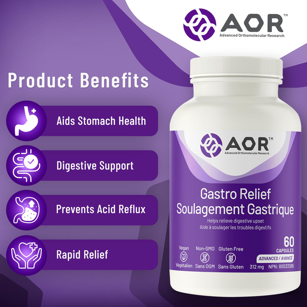 AOR Gastro Relief Capsules, Mastic Gum, Zinc Carnosine, Vitamin C, 60 Caps