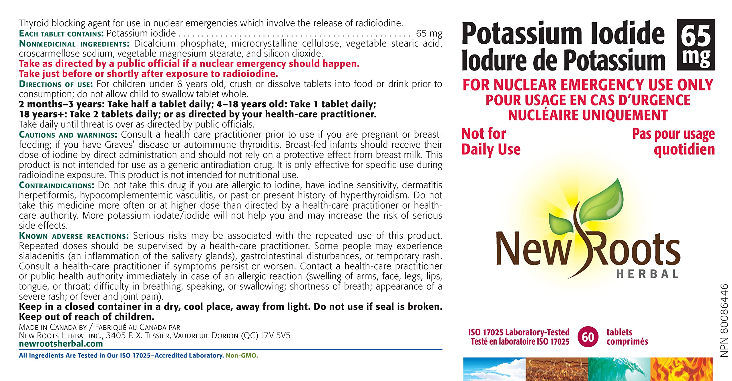 New Roots Herbal Iodure de Potassium Supplément 65mg 60 Comprimés, Approvisionnement de 30 Jours, Soutien en Iode pour la Fonction Thyroïdienne, Idéal pour la Préparation aux Urgences, Favorise l'Équilibre Hormonal et le Bien-être Général, Sans OGM