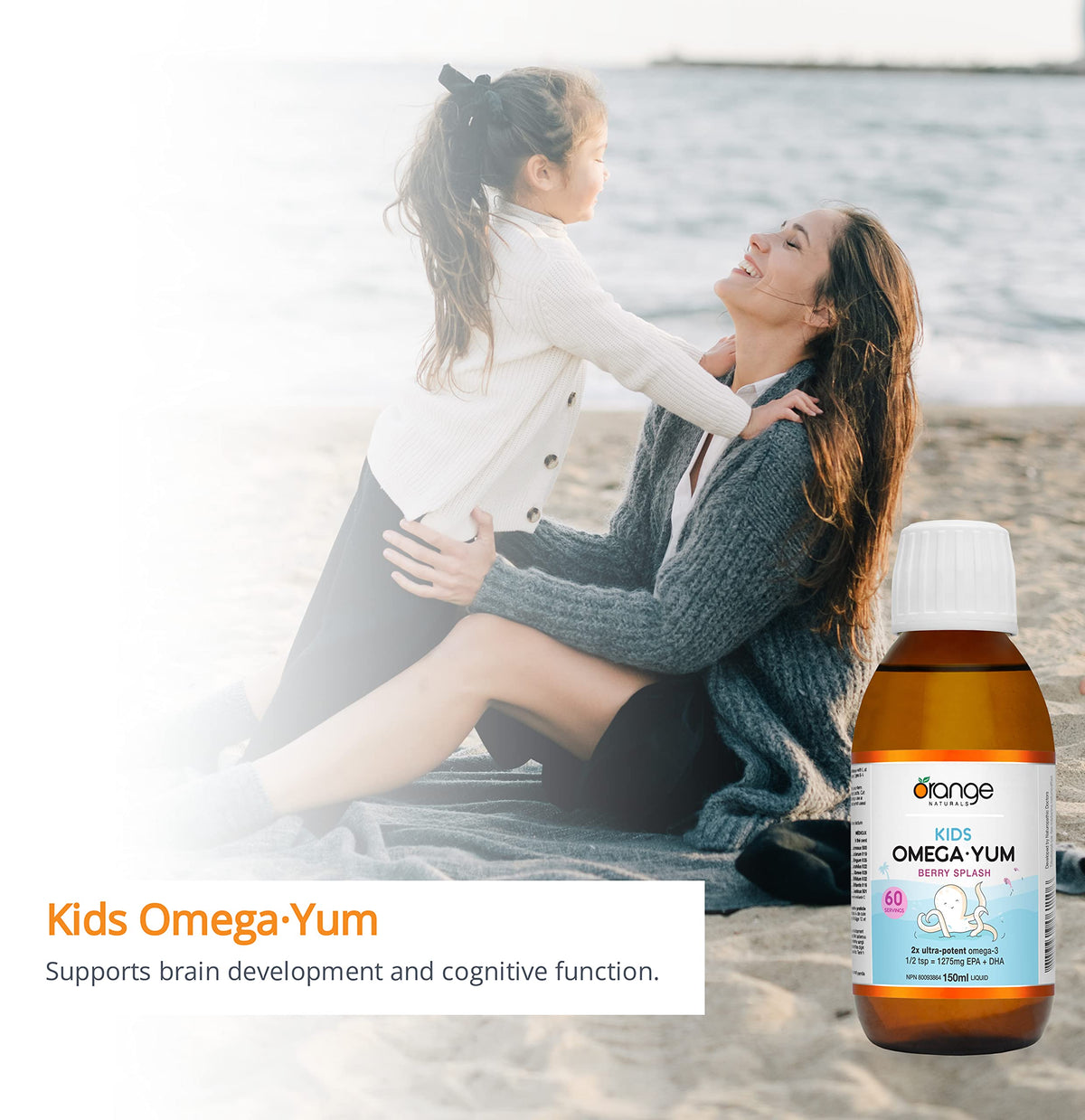 Orange Naturals Kids Omega-3 Yum Liquid 150ml 60 Servings, Berry Splash Flavor, Fish Oil Supplement, Omega-3 EPA & DHA, Helps Maintain Brain Function & Development, Suitable for Ages 1-18, Gluten-Free