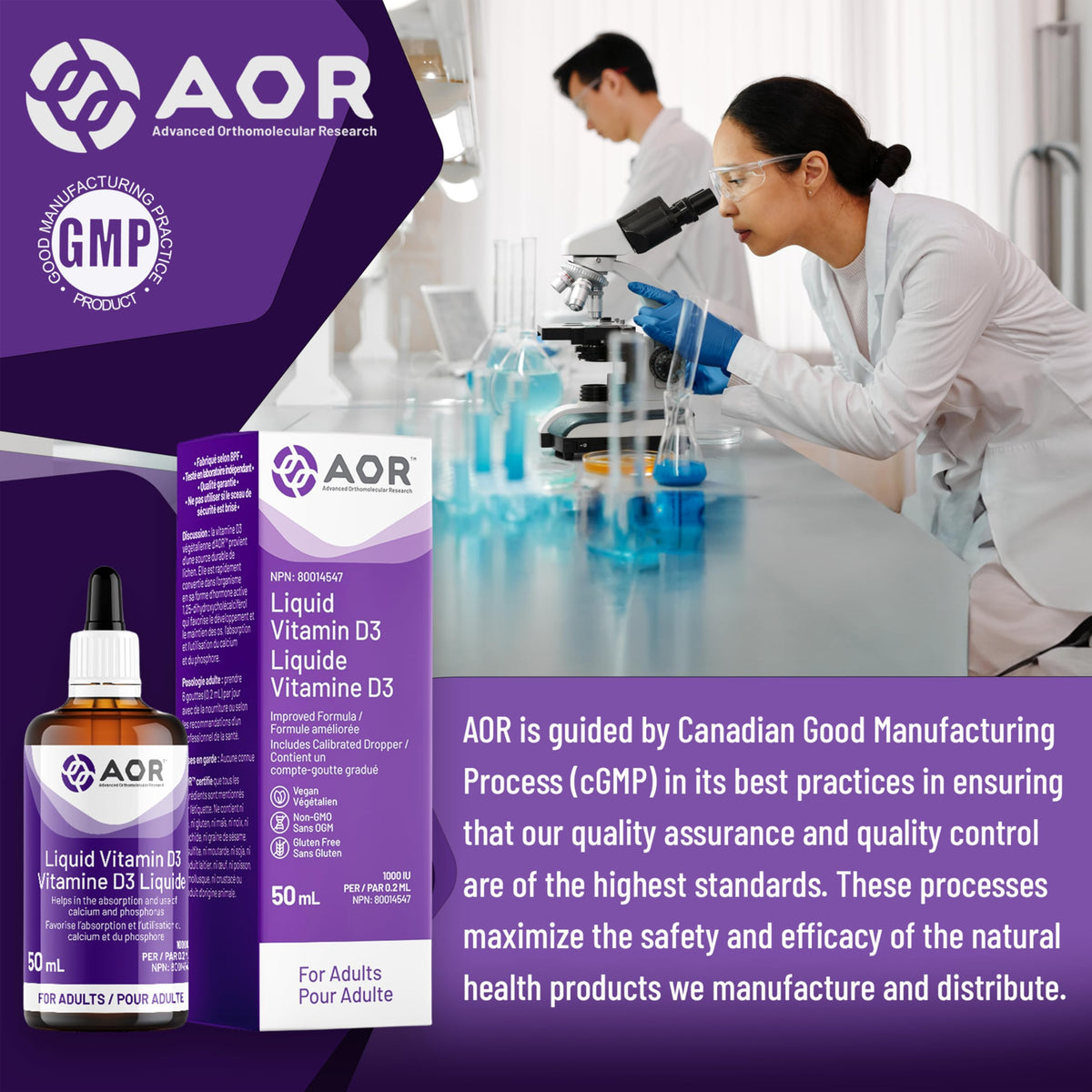 AOR Liquid Vitamin D Drops, Vitamin D3, Vegan, 1000 IU, 50 ml, 250 Servings