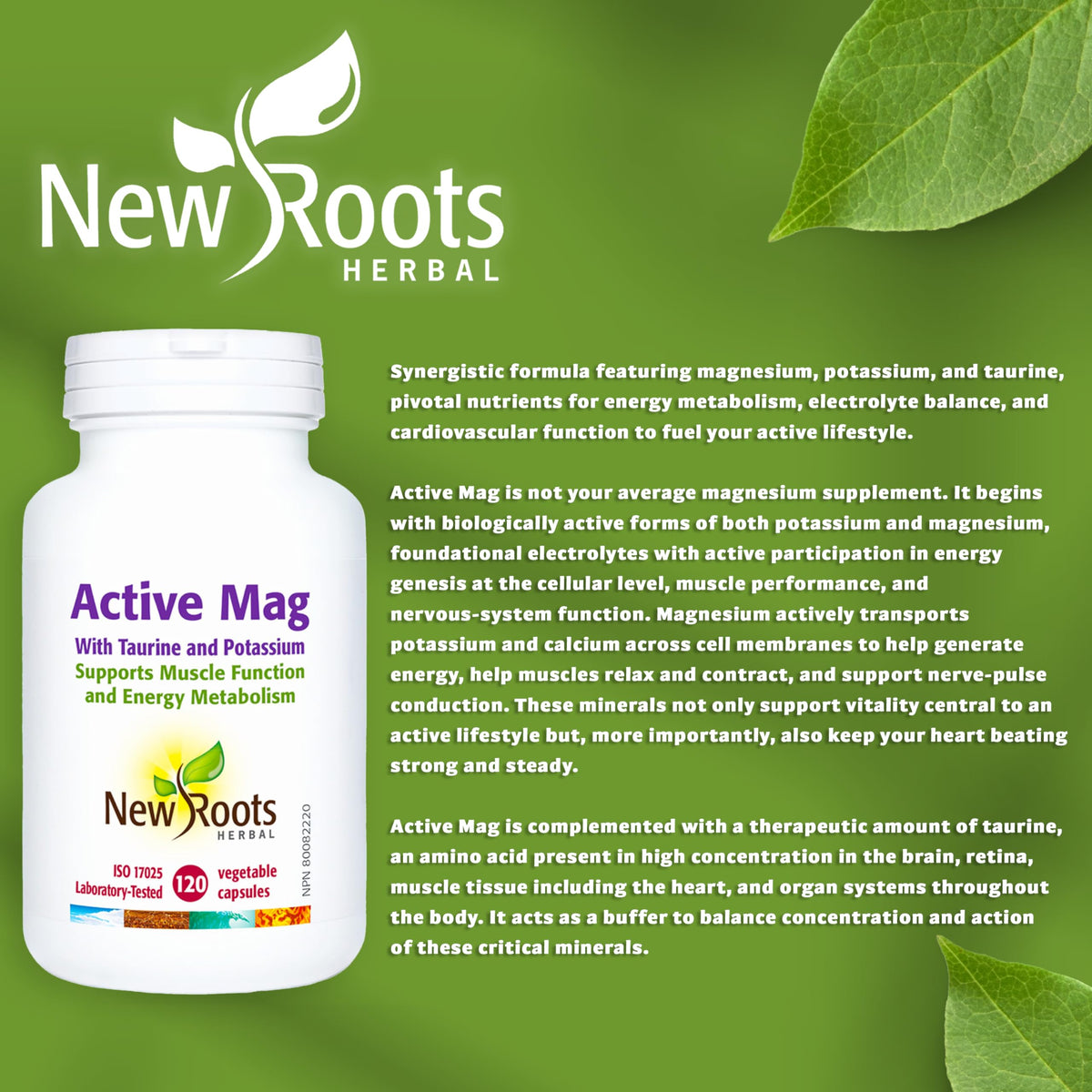 New Roots Herbal - Active Mag with Taurine and Potassium, 120 Capsules 30-Day Supply - Magnesium Citrate Supplement - Supports Electrolyte Balance, Helps to Maintain Proper Heart and Muscle Function