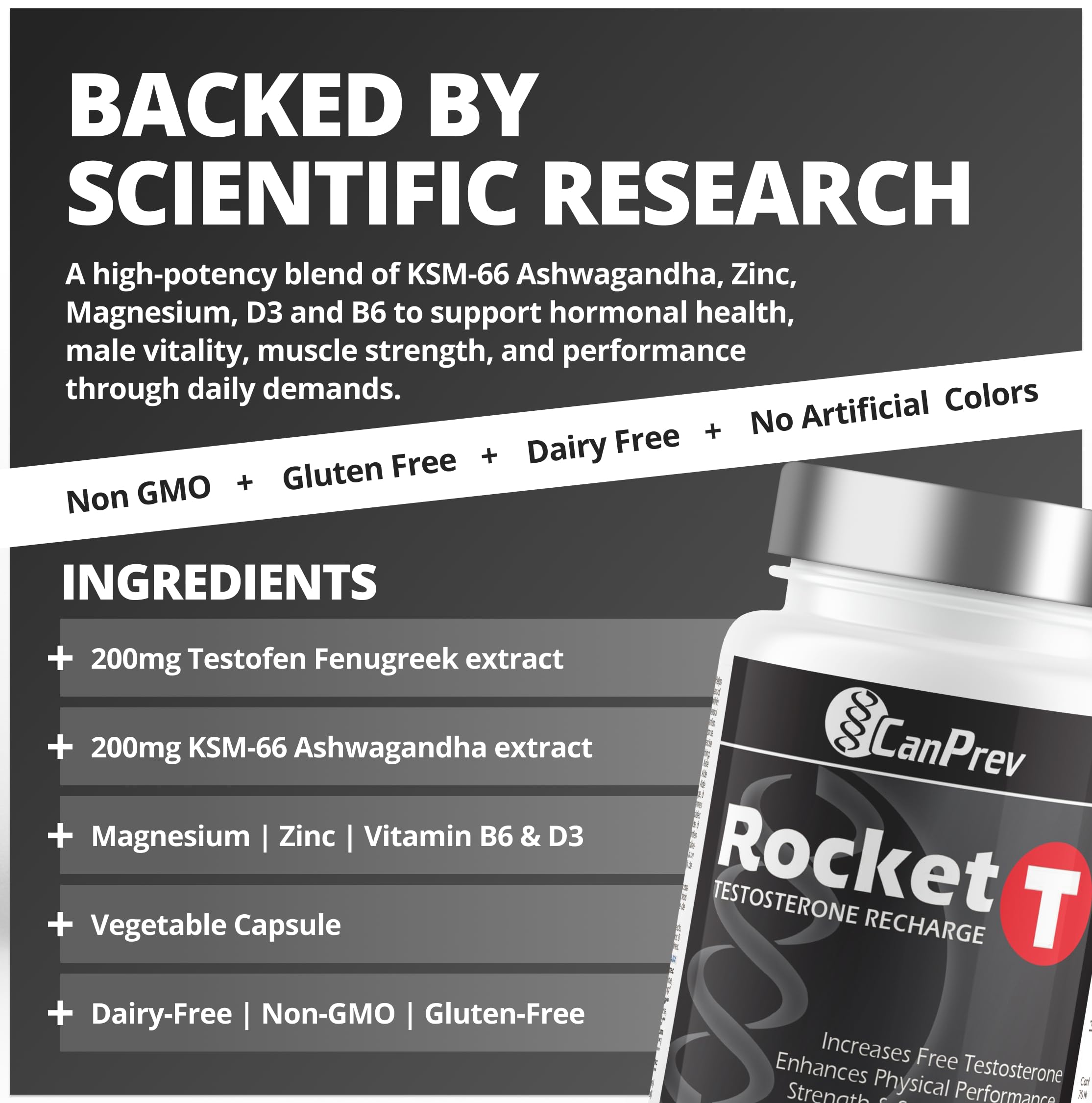 Canprev Rocket T Reconstitution de testostérone 90 capsules végétales Cure de 30 jours avec KSM-66 Ashwagandha, zinc, magnésium, vitamine B6 et D3 - Bien-être masculin, soutien de l'énergie, de la vitalité, d'un mode de vie actif et de la performance