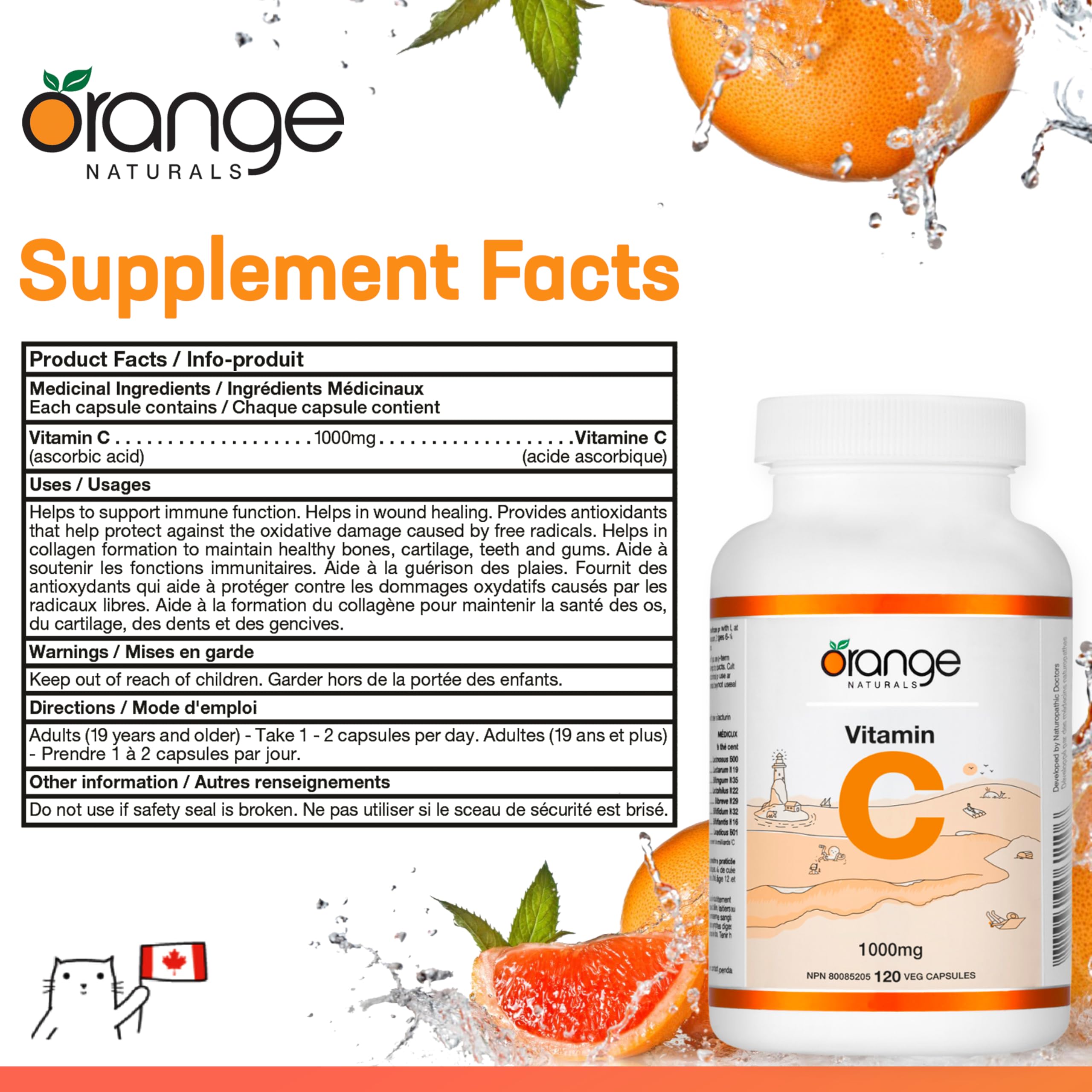 Orange Naturals Vitamine C 1000 mg, 120 V-Caps, Approvisionnement de 4 mois, Supplément d'acide ascorbique pur, Végétalien, Pratique au quotidien, Favorise le bien-être, Soutien antioxydant, Formation de collagène, Os et dents sains