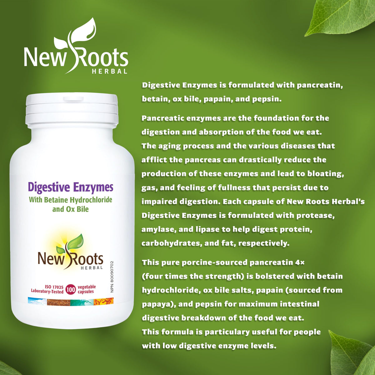 New Roots Herbal Digestive Enzymes, Betaine HCl, 100 Capsules