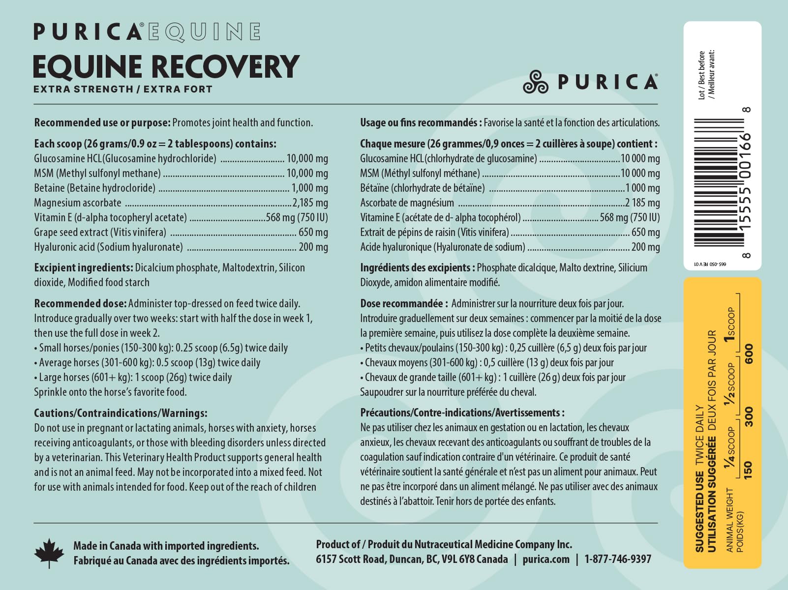PURICA Recovery Extra Strength Extra Fort - Supplément pour Chevaux - Favorise la Santé et la Performance du Cheval, avec MSM et Glucosamine