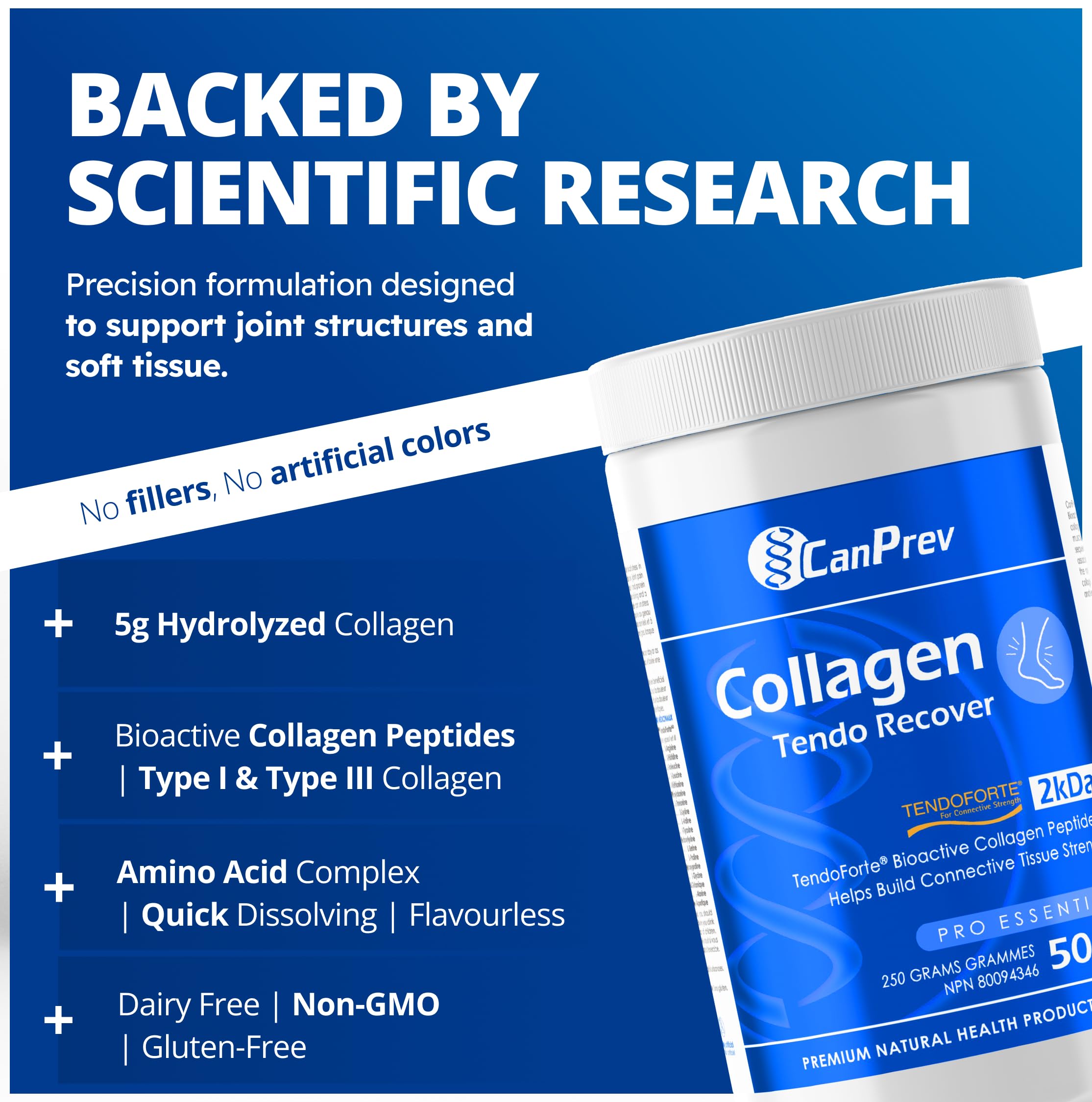 CanPrev Collagen Tendo Recover Powder for Men & Women 250g 50-Servings, Unflavoured - Bioactive Collagen Peptides for Joint Strength - Supports Healthy Skin, Hair, & Nails - Hydrolyzed for Absorption