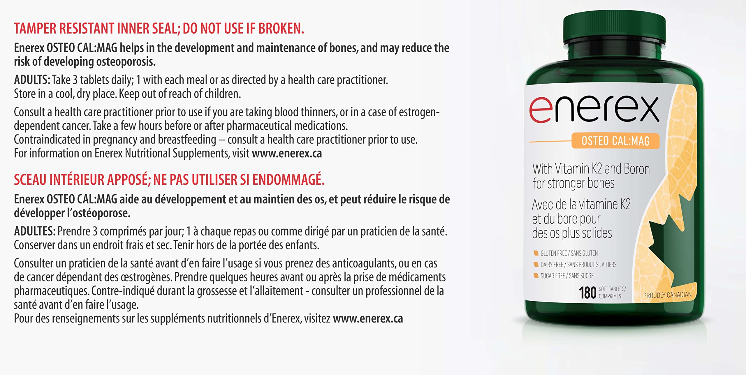 ENEREX - Ostéo Cal:Mag - Sans gluten et sans produits laitiers - Contribue au développement et au maintien des os - Calcium, magnésium, chou frisé cru biologique, extrait de bambou, bore, vitamine K2 et D3