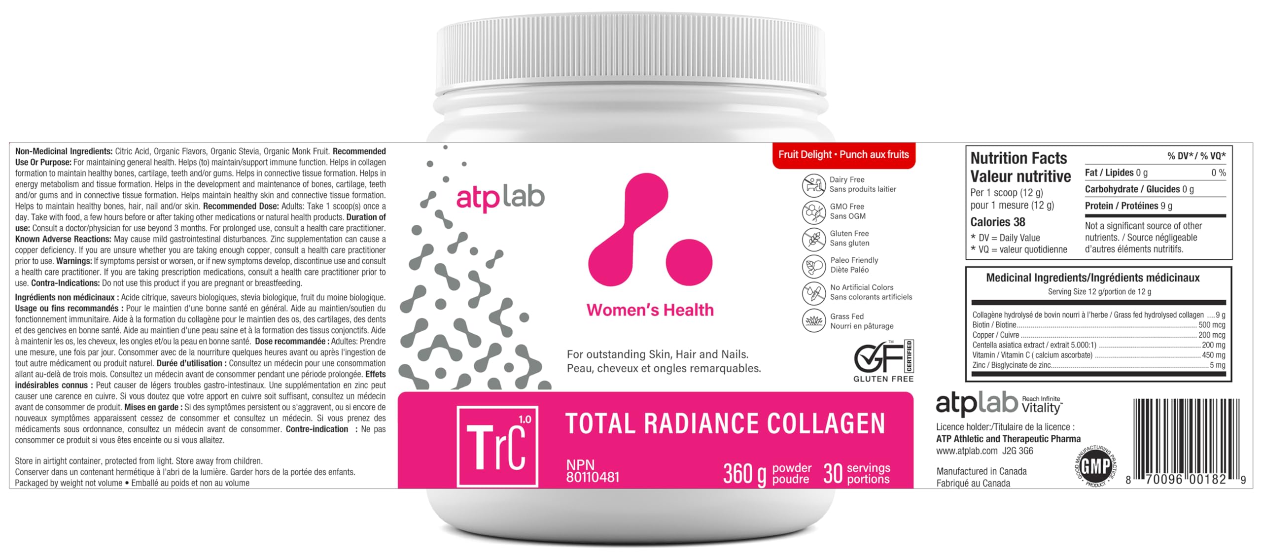 ATP LAB - Total Radiance Collagène 360g - Poudre de protéines de collagène pour femmes - Pour la peau, les cheveux et les ongles - Suppléments de collagène pour femmes