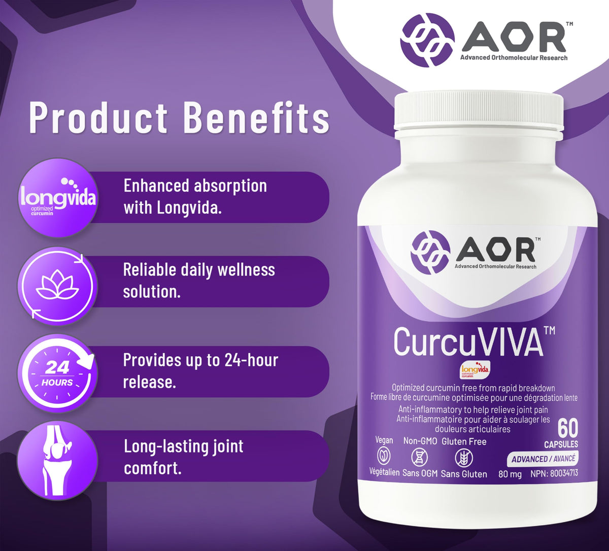AOR CurcuVIVA Turmeric Curcumin Capsules, 80 mg, Gluten Free, 60 Day Supply