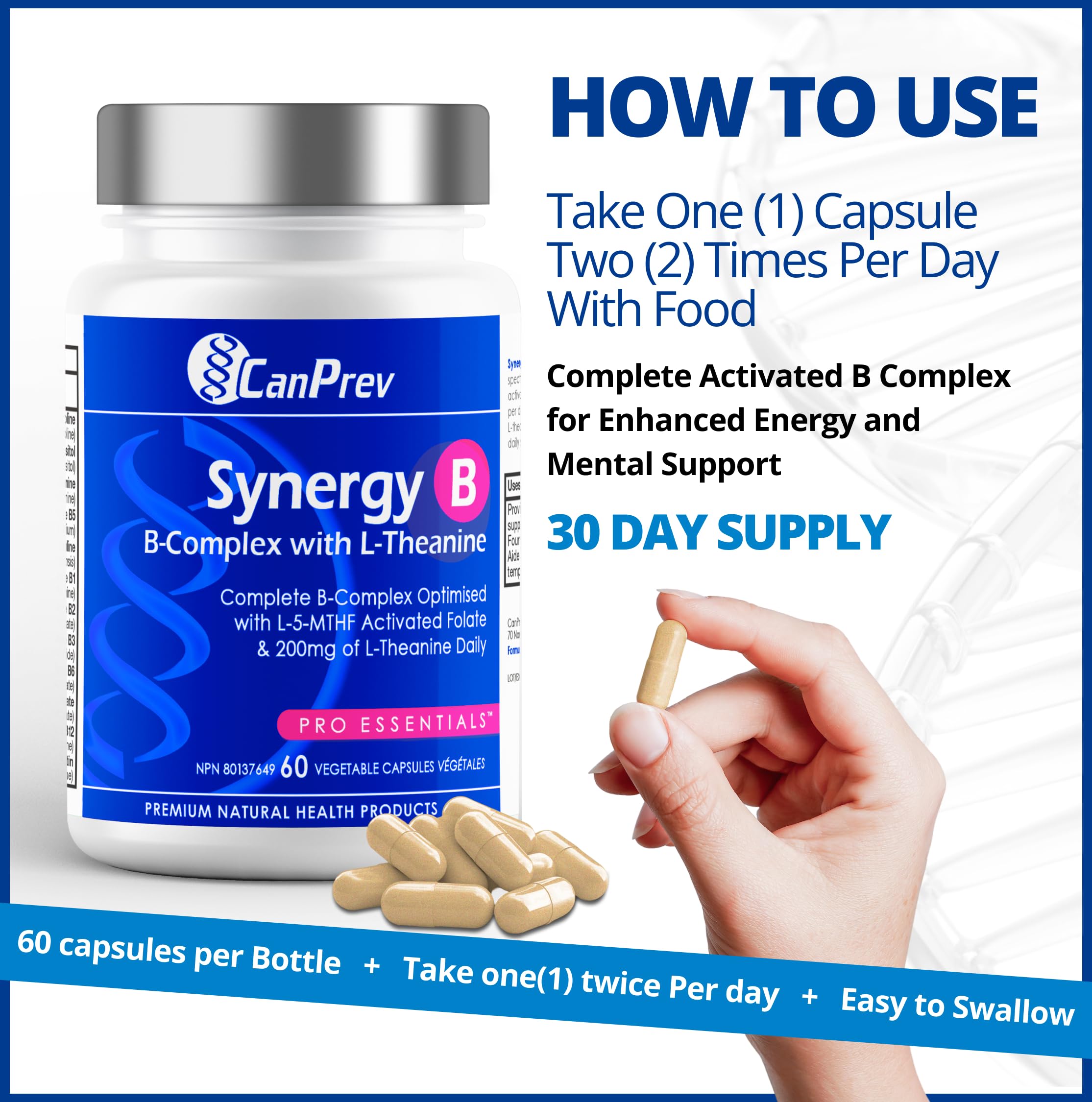 CanPrev Synergy B Complex 60 V-Caps 30-Day Supply - Vitamin B Supplement with L-Theanine 200mg - Complete B Complex Optimized with L-5-MTHF Activated Folate & Spirulina - Vegan, Non-GMO & Gluten-Free