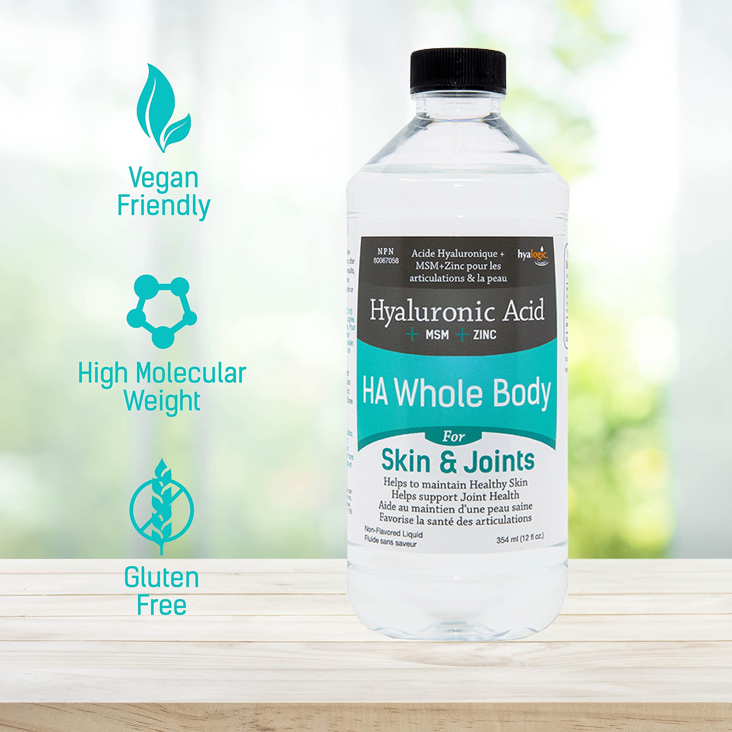 Hyalogic - Acide Hyaluronique Corps Entier Liquide Non Aromatisé 354 ml - Aide à Maintenir une Peau Saine, la Souplesse, la Mobilité et la Santé des Articulations - HA + MSM + Zinc - Soutient l'Hydratation - Végétalien