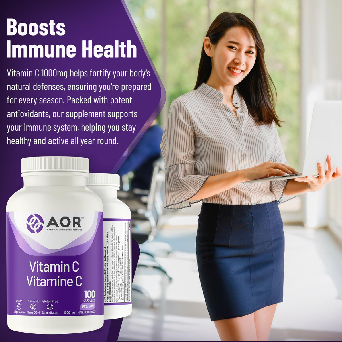 AOR Vitamin C 1000mg Capsules, Vegan Vitamin C, Immune Support, 100 Pack