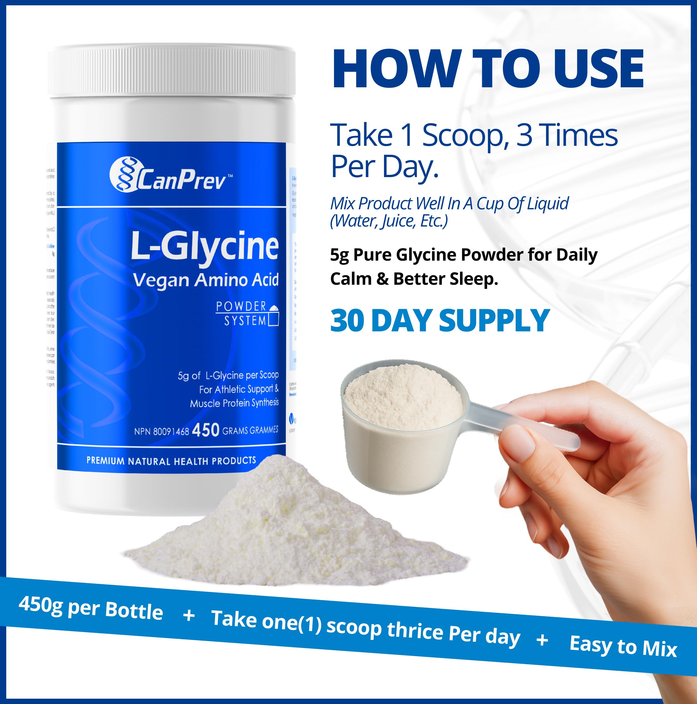 CanPrev L-Glycine poudre d'acides aminés végétalienne 450g 90 portions - 5g de L-Glycine par mesure, favorise la récupération et la performance sportive, promeut le rajeunissement, supplément de glycine pour la relaxation et le soutien cérébral