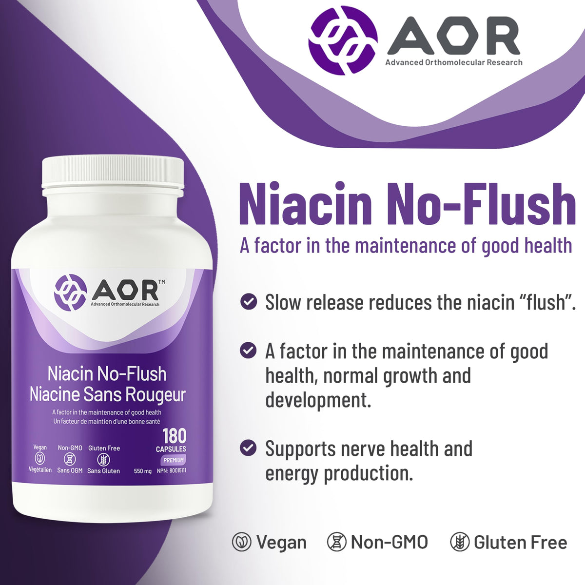 AOR No Flush Niacin Capsules, 500 mg Niacin, 180 Capsules, 6 Months Supply