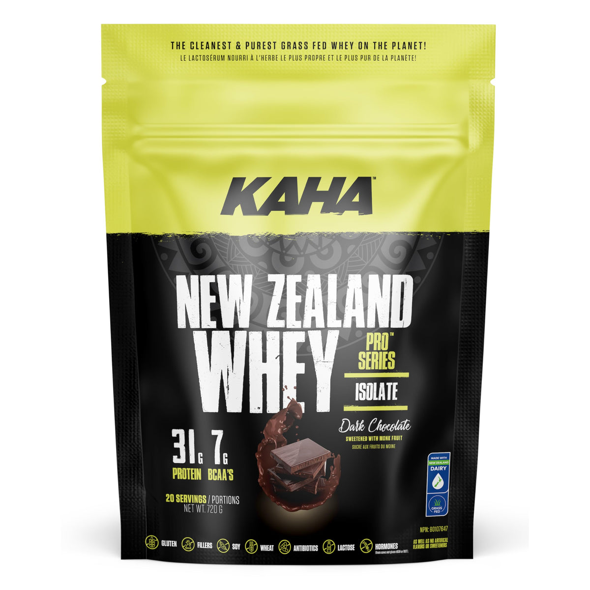 Kaha Nutrition NZ Whey Isolate, 720g Protein Powder Dark Chocolate Flavour, 31g Protein & 7g BCAAs, Grass-Fed New Zealand Whey, Lactose & Carrageenan Free
