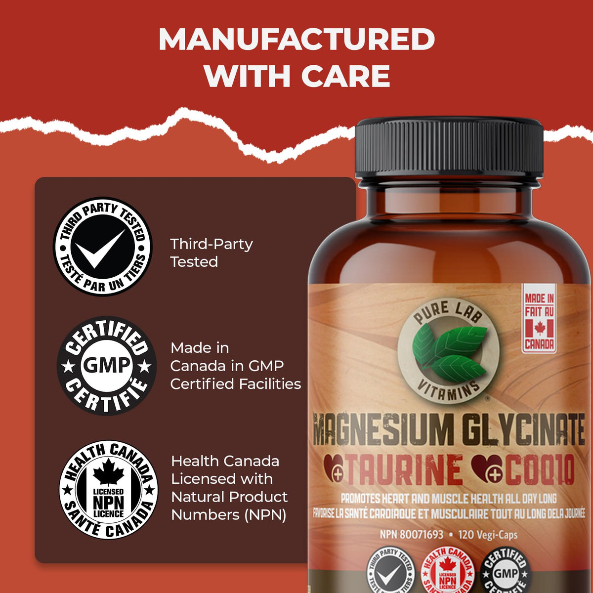 Pure Lab Vitamins Magnesium Glycinate + Taurine + CoQ10-120 Vegi-Caps
