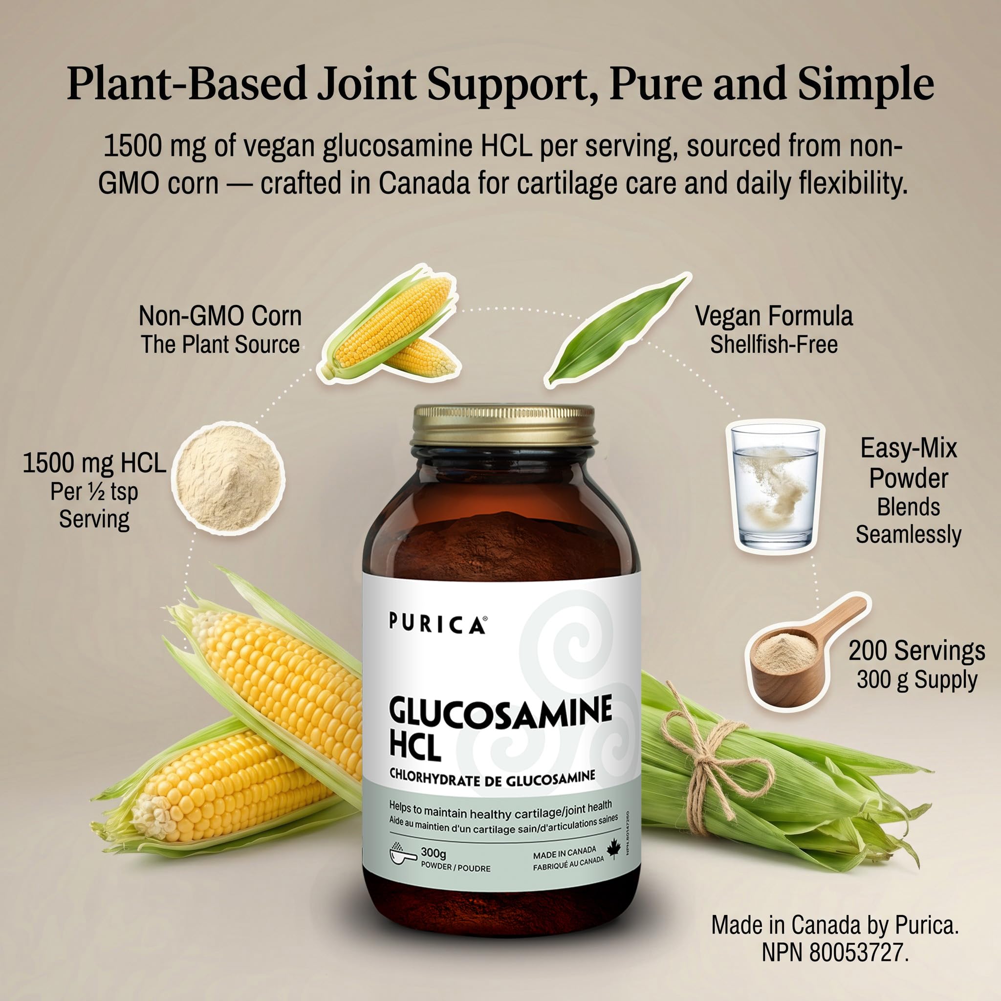 PURICA Vegan Glucosamine HCL Powder 300g, 200 Servings, Plant-Derived for Joint Support & Cartilage Care, Supports Daily Flexibility