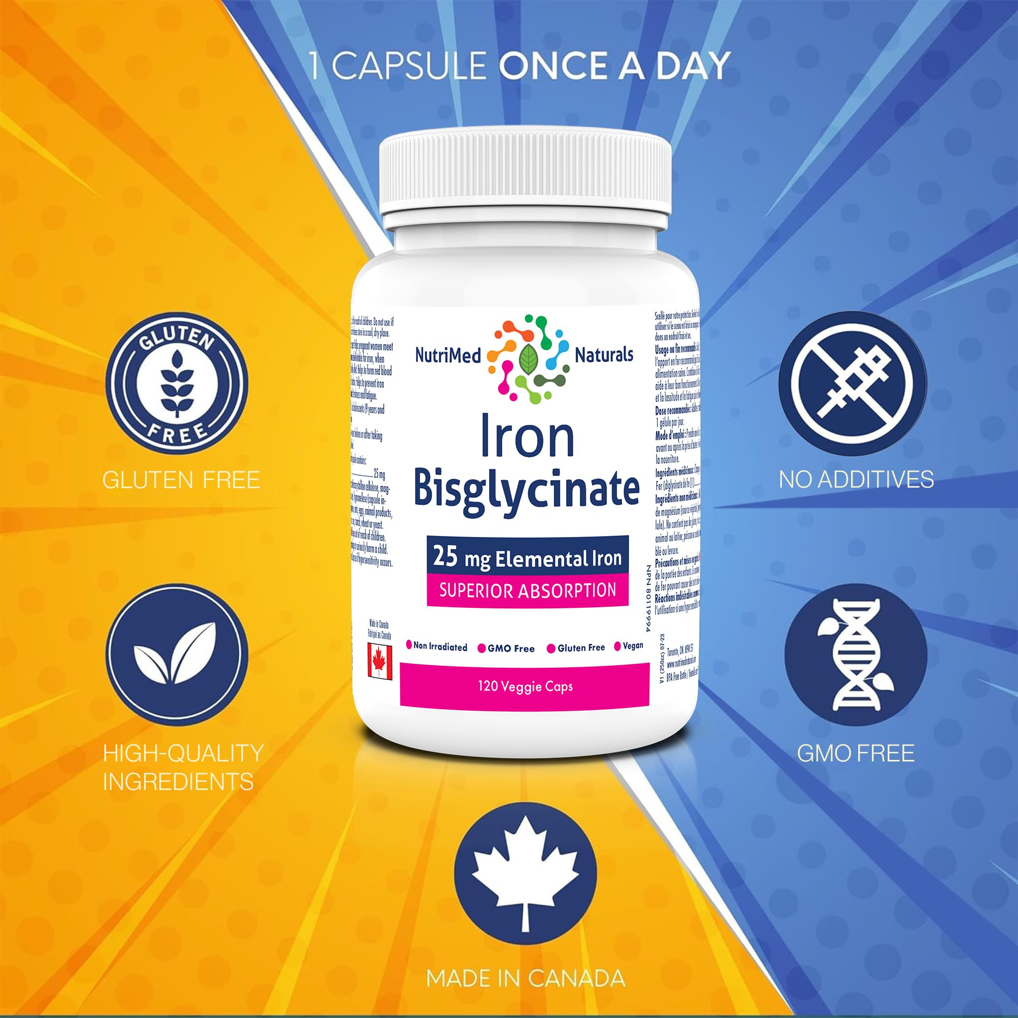 Nutrimed Naturals - Bisglycinate de Fer, 120 Gélules Végétaliennes, 120 Jours d'Approvisionnement - 25mg de Fer Élémentaire pour l'Anémie Ferriprive et la Fatigue Associée - Testé par un Tiers - Formulé et Fabriqué au Canada