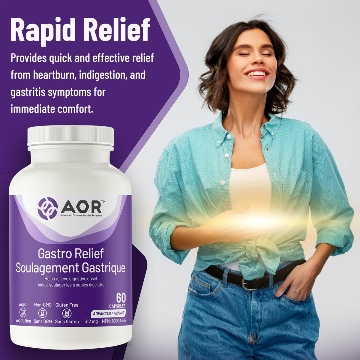 AOR Gastro Relief Capsules, Mastic Gum, Zinc Carnosine, Vitamin C, 60 Caps