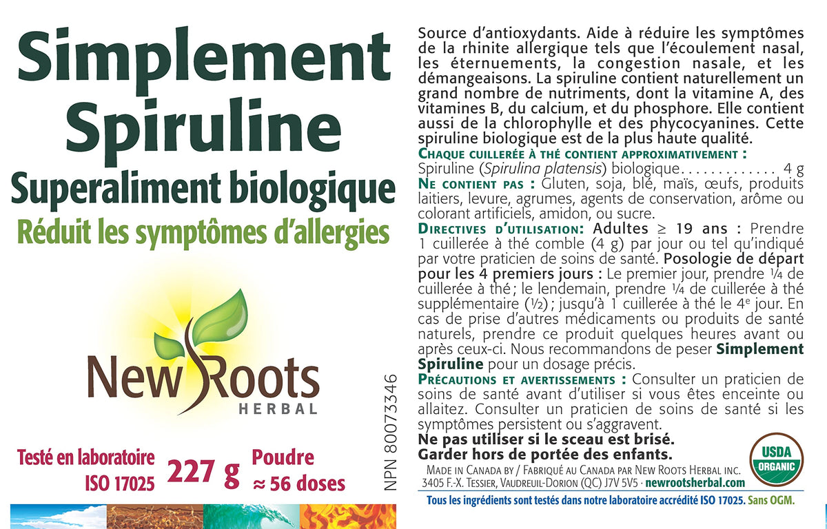 New Roots Herbal Spirulina Powder, No Additives, 227g, 56 Servings
