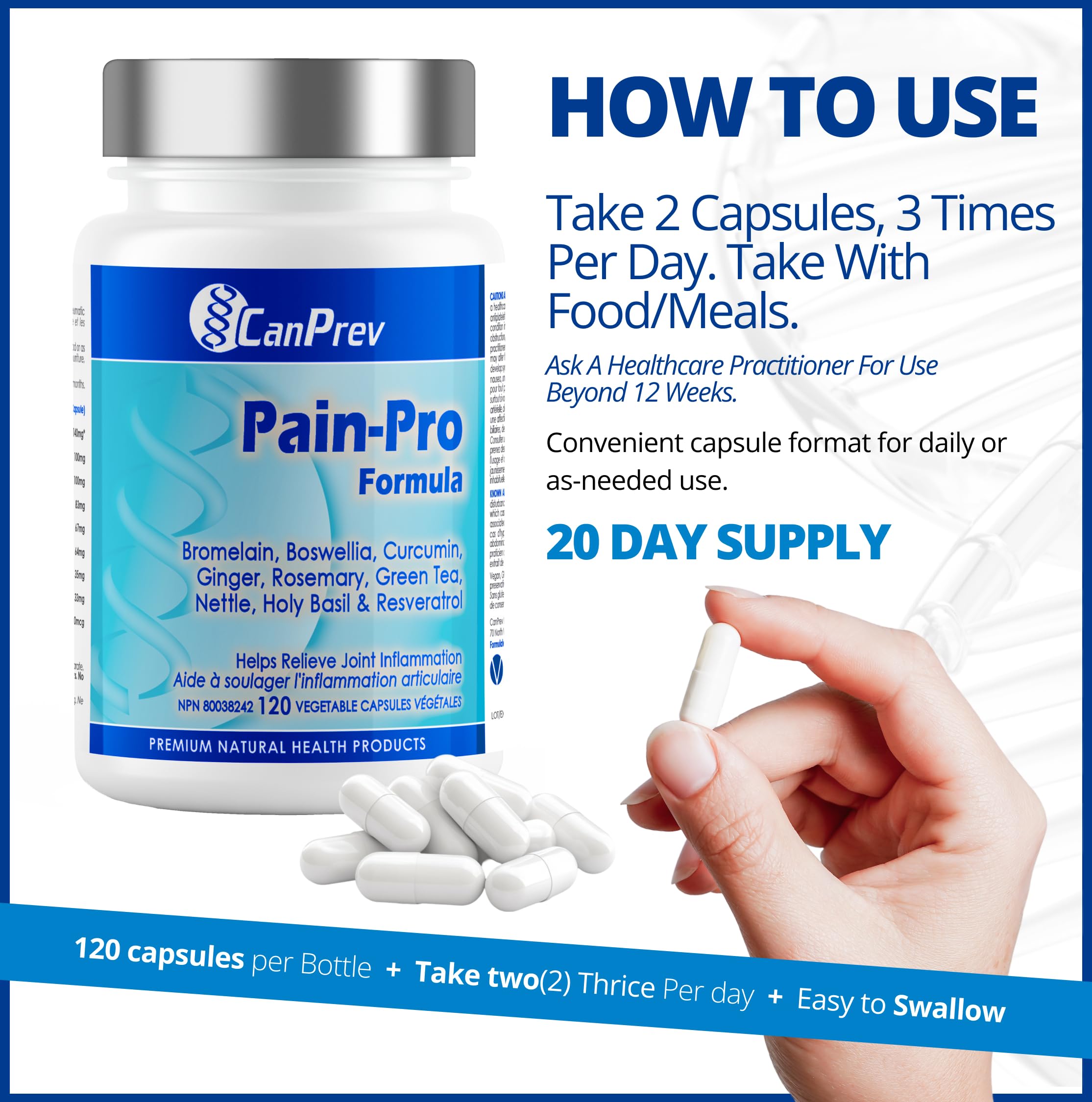 CanPrev Formule Pain-Pro, 120 V-Capsules Véganes - Supplément de Curcumine et Bromélaïne pour le Confort des Articulations et des Muscles avec Boswellia, Gingembre, Basilic Sacré et Extrait de Thé Vert - Soutien à la Récupération