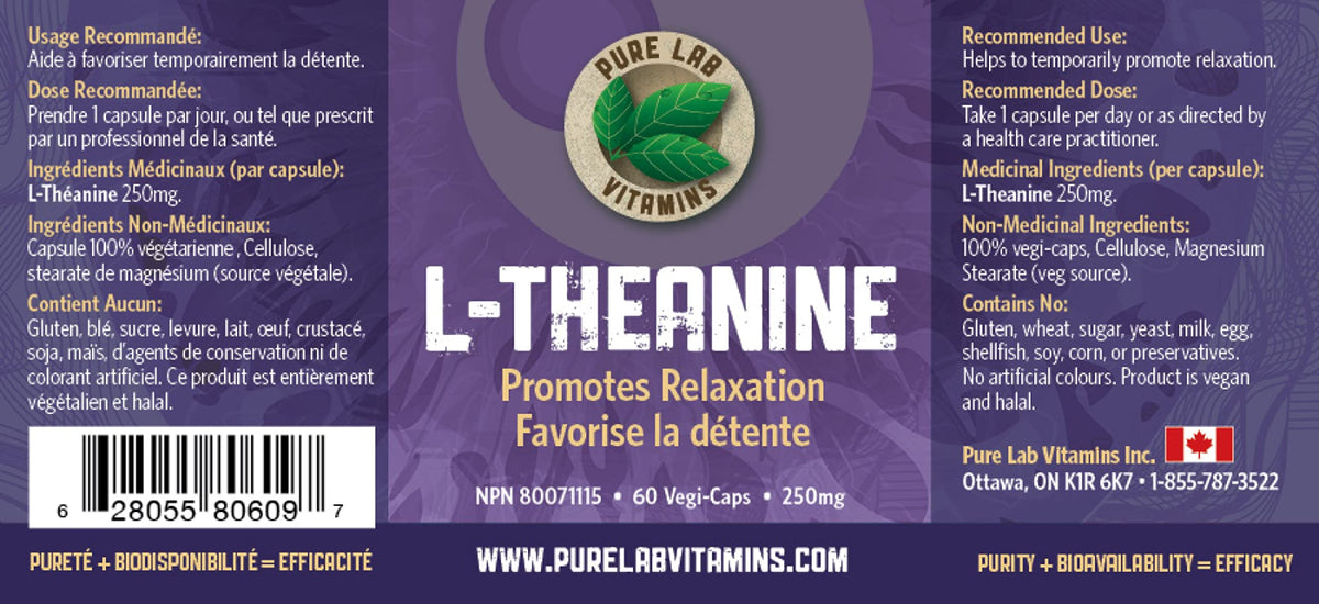 Pure Lab Vitamins | L-Theanine 250mg Vegi Capsules | Pressure and Concerns Relief Supplements | Brain Memory & Focus Supplement for Adults | Promotes Relaxation & Improves Sleep | Quality Gentle Sleep Aid