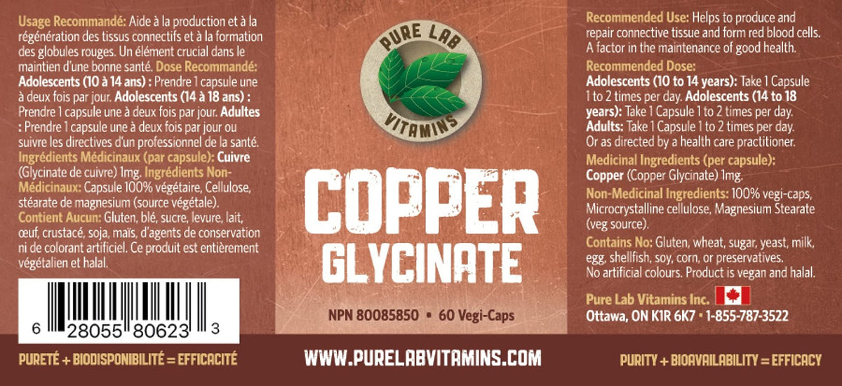 Pure Lab Vitamins - Copper Glycinate Mineral Supplement 1 mg 60 v-caps | Essential for Collagen Production, Immune System & Red Blood Cell Formation | Non GMO, Gluten Free | Formulated and made in Canada
