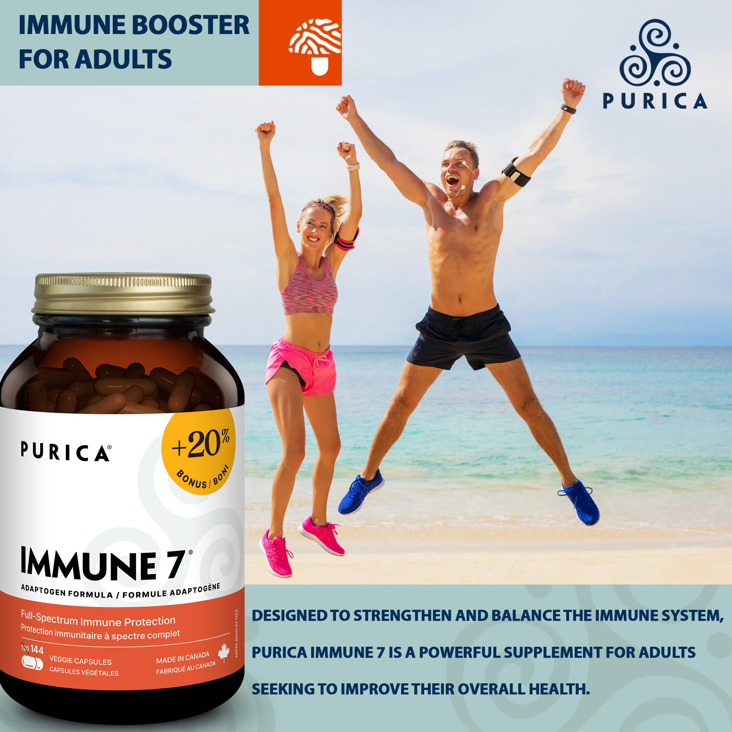 PURICA Complexe Immunitaire 7, 60 gélules - Soutien immunitaire complet avec Coriolus versicolor, Cordyceps, Reishi, Maitake, Shiitake, Champignon du Soleil - Vitalité à spectre complet, Améliore la santé et le bien-être