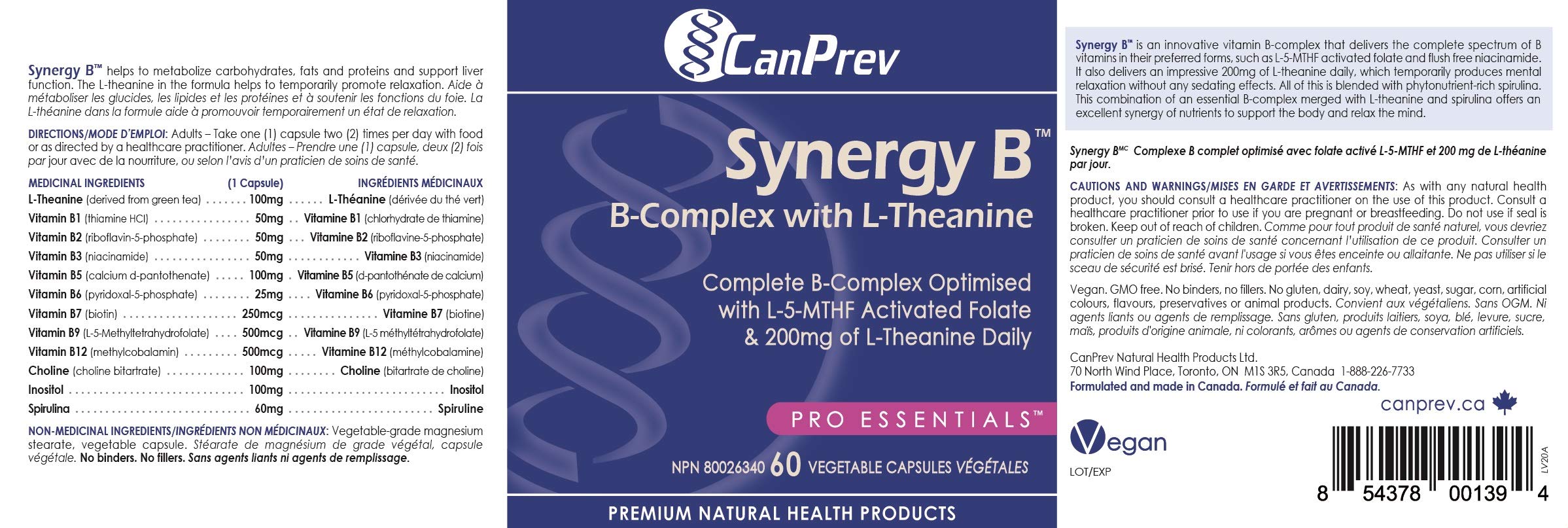 CanPrev Synergy B Complex 60 V-Caps 30-Day Supply - Vitamin B Supplement with L-Theanine 200mg - Complete B Complex Optimized with L-5-MTHF Activated Folate & Spirulina - Vegan, Non-GMO & Gluten-Free