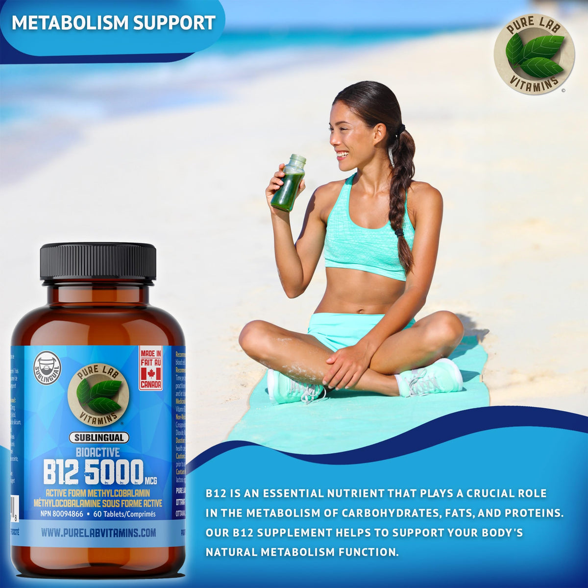 Pure Lab Vitamins | Bioactive Vitamin B12 5000mcg | 60 Tablets | Sublingual B12 Methylcobalamin 5000 mcg | Metabolism Boosters Energy Supplement | Helps in Normal Immune System Function - Gluten Free