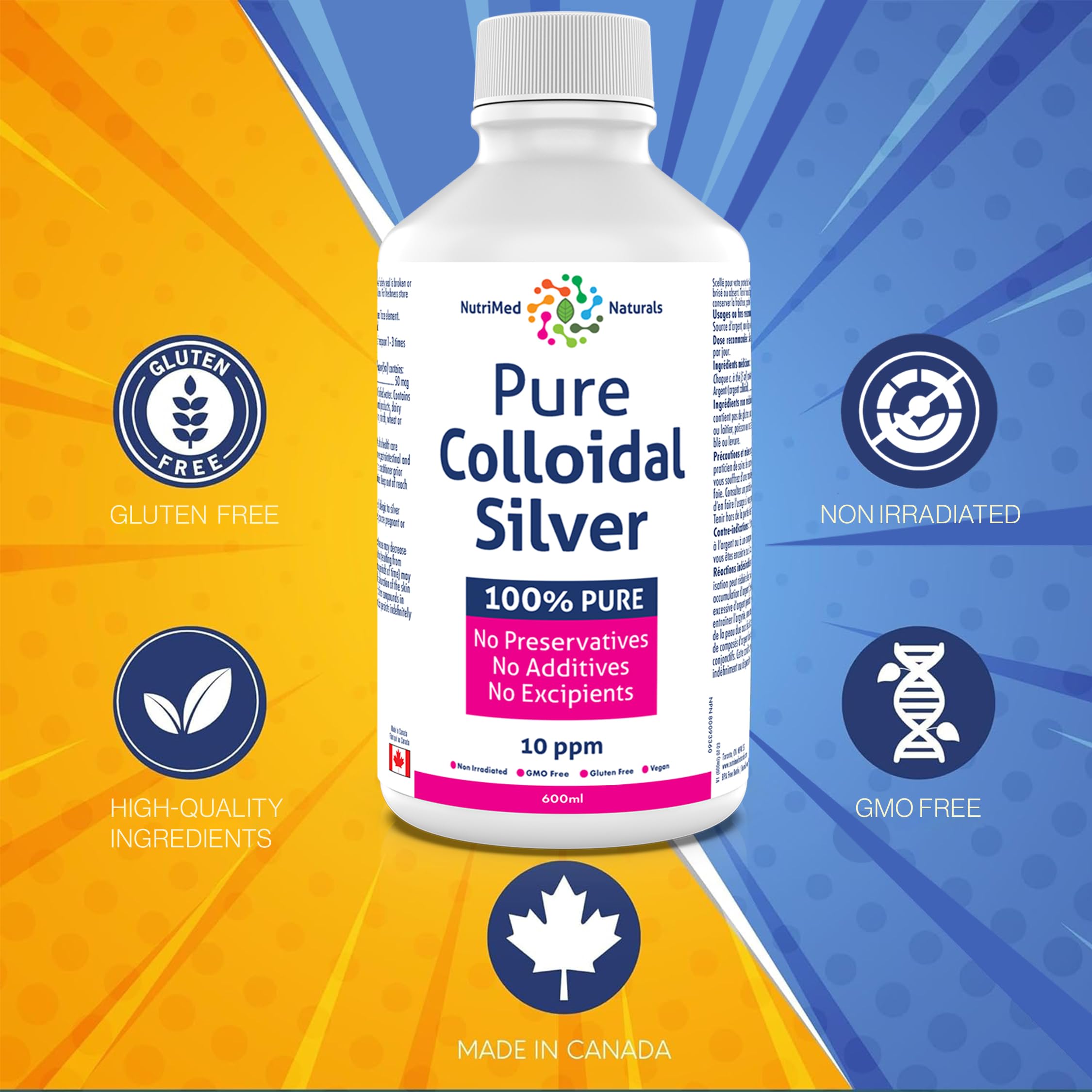 Nutrimed Naturals - Pure Colloidal Silver 10ppm, 600ml Liquid 120-Servings - Helps Support your Immune System and Overall Vitality - Vegan & Non-GMO - 3rd Party Tested - Formulated & Made in Canada