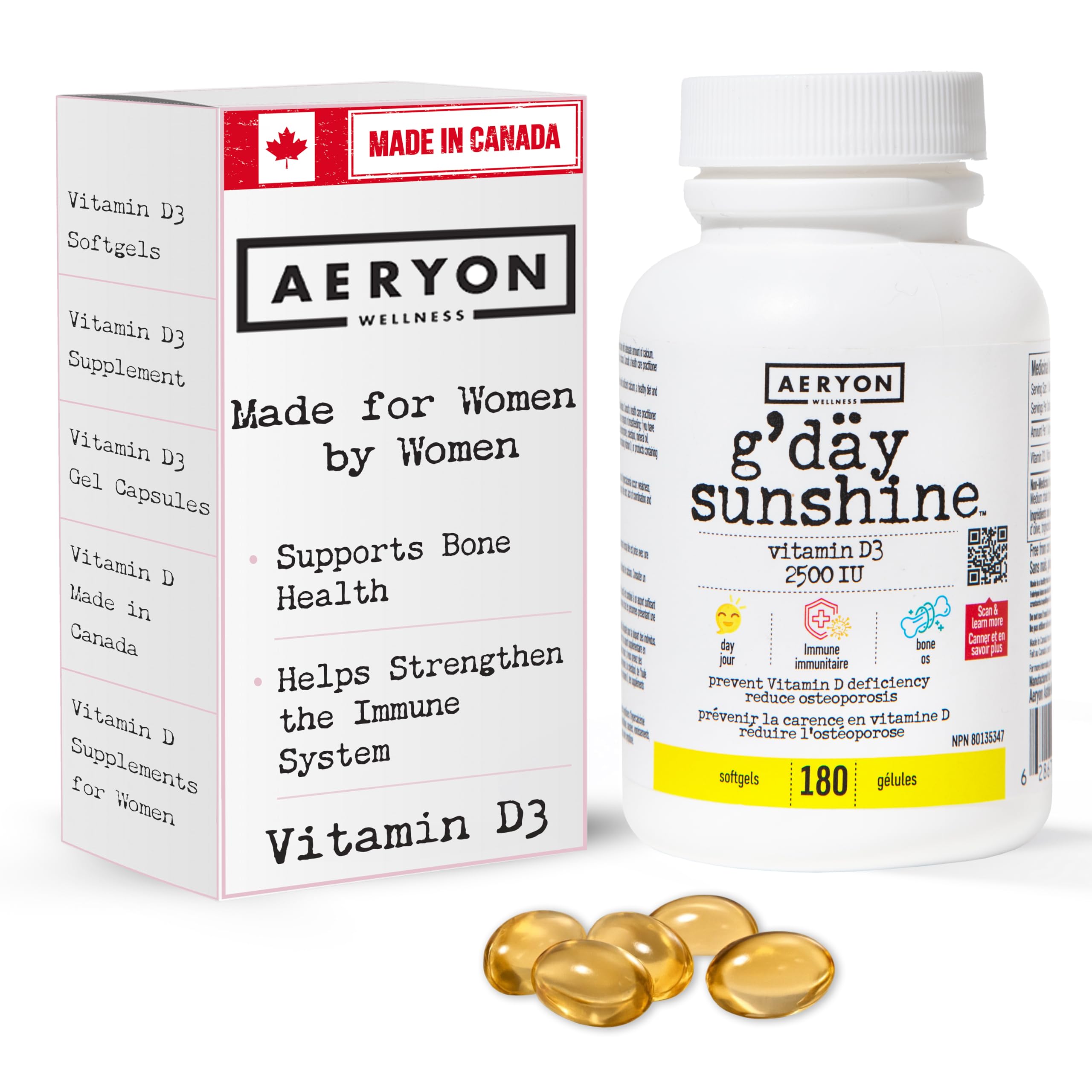 G'day Sunshine Vitamin D3 2500 IU Softgels by Aeryon Wellness | Made in Canada | Helps prevent Vitamin D Deficiency | Reduces Osteoporosis | 180 Softgels