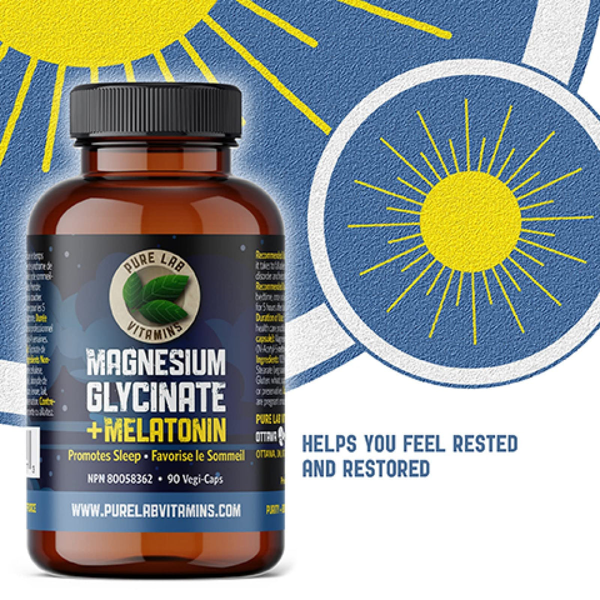 Pure Lab Vitamins - Magnesium Glycinate 100mg with Melatonin 3mg, 90 Vegan Caps - 3mg Melatonin and Magnesium Glycinate Supplement