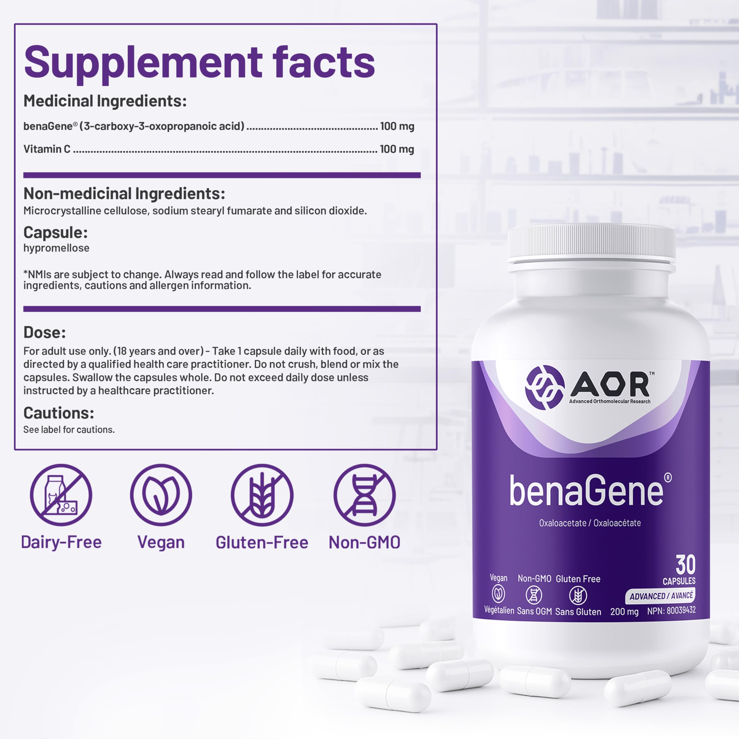 AOR Benagene 200 mg avec Vitamine C, 30 gélules (30 jours d'approvisionnement) - Complément végétalien et sans OGM, Concentration Mentale, Amélioration de l'Énergie et Soutien Cutané, Formule sans Gluten avec des Bienfaits Antioxydants et de Longévité
