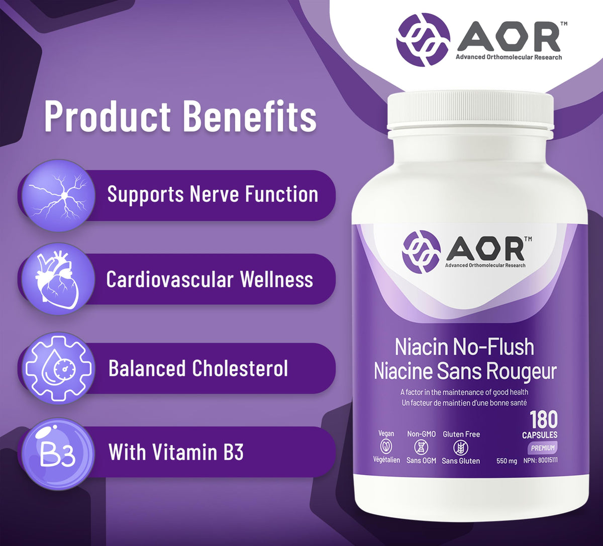 AOR No Flush Niacin Capsules, 500 mg Niacin, 180 Capsules, 6 Months Supply