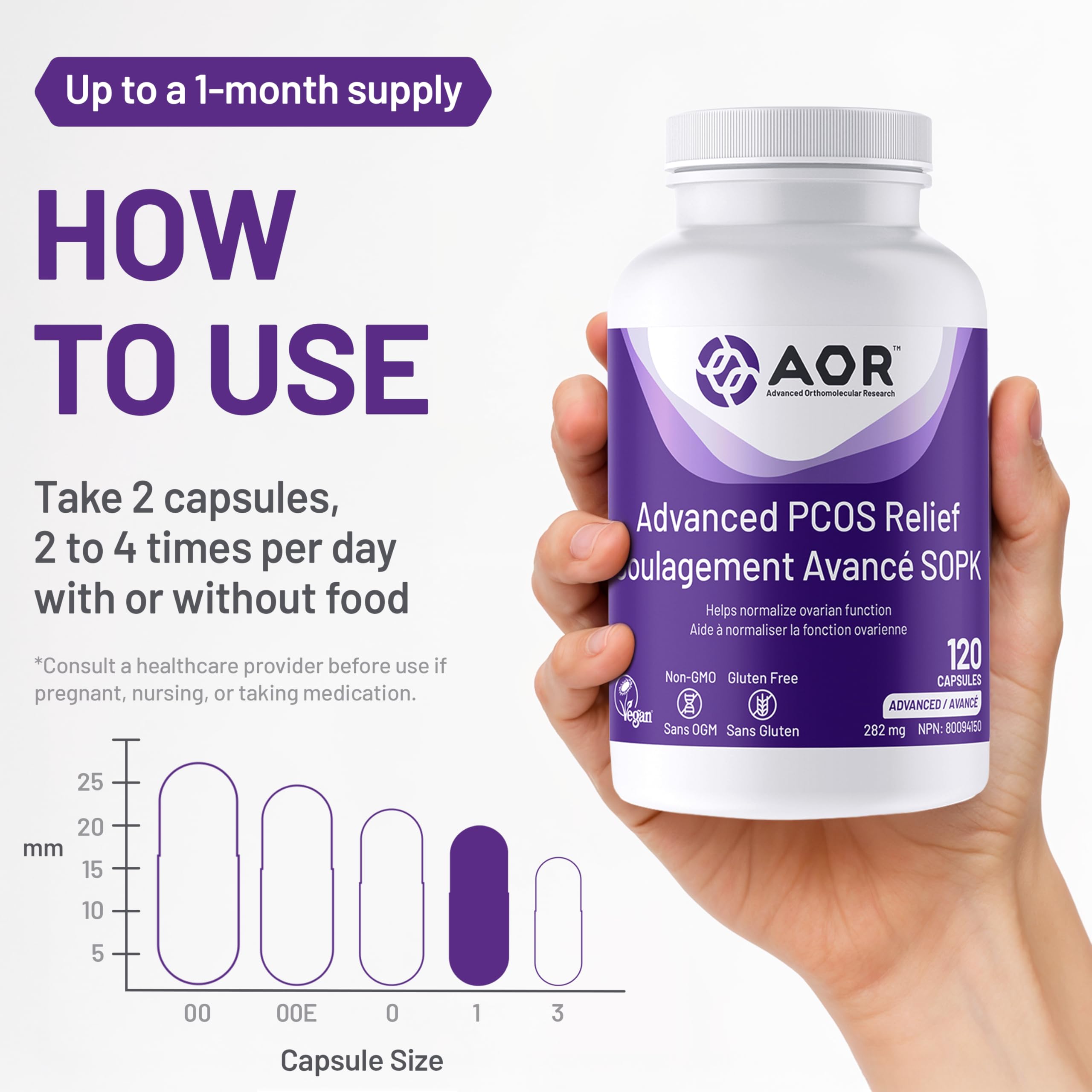 AOR - Advanced PCOS Support, 120 gélules (approvisionnement de 30 jours) - Supplément de Myo-Inositol et D-Chiro Inositol pour femmes - Favorise la santé ovarienne et l'équilibre du cycle menstruel - Formule SOPK pour femmes - Végane et sans OGM