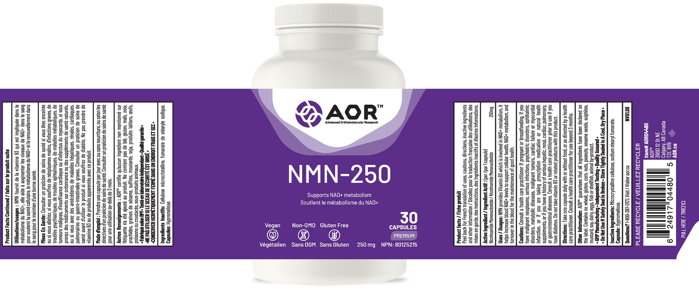 Gélules AOR NMN-250mg, 30 unités, 30 jours de traitement - Mononucléotide de nicotinamide à haute puissance - Supplément pour une biodisponibilité améliorée et un soutien antioxydant
