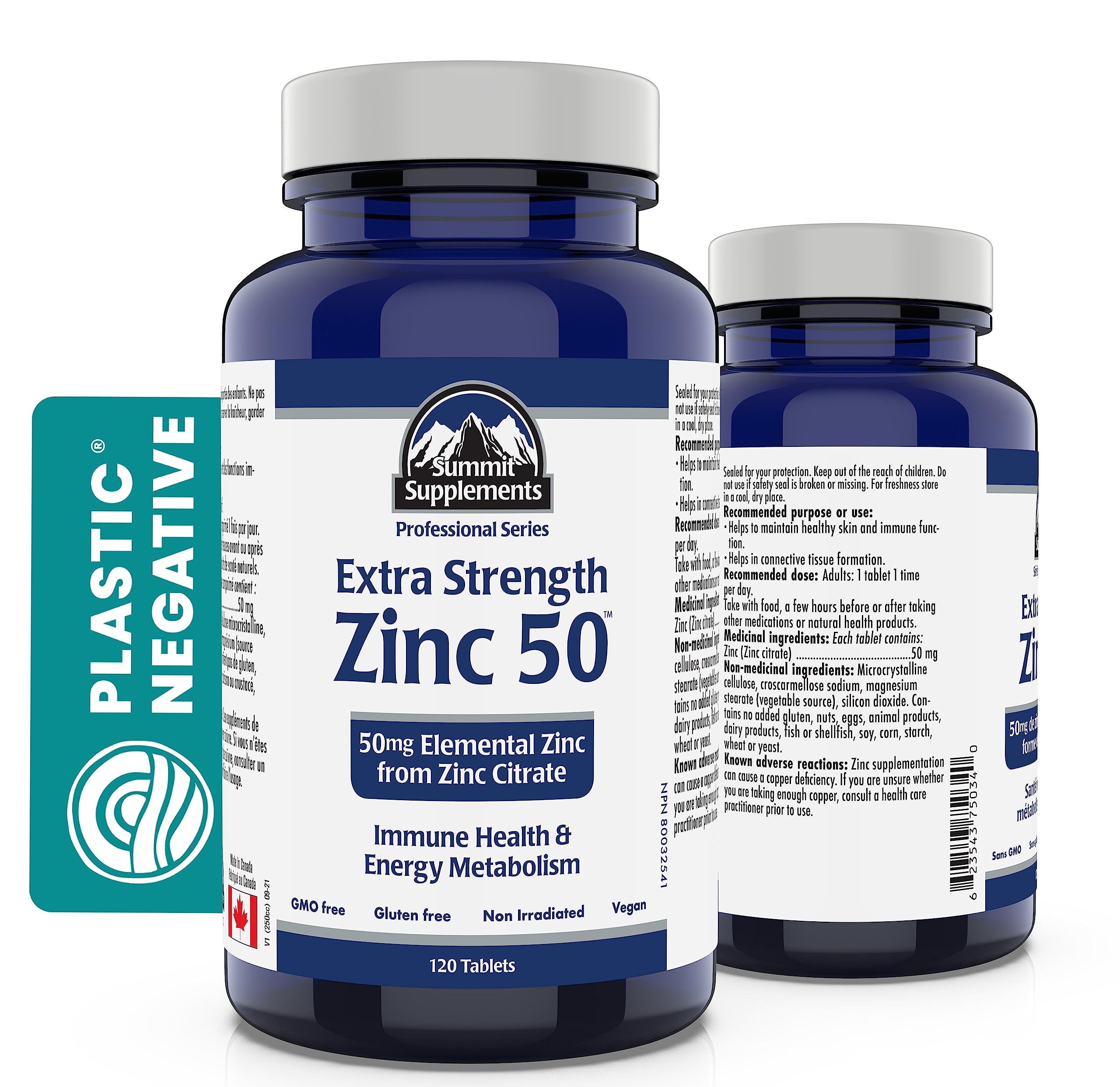 Fierté canadienne et bilan plastique négatif – Citrate de zinc chélaté 50 mg, 120 comprimés végétaliens, 120 jours d'approvisionnement – Peau saine, sommeil amélioré et soutien immunitaire – Testé par un tiers – Formulé et fabriqué au Canada